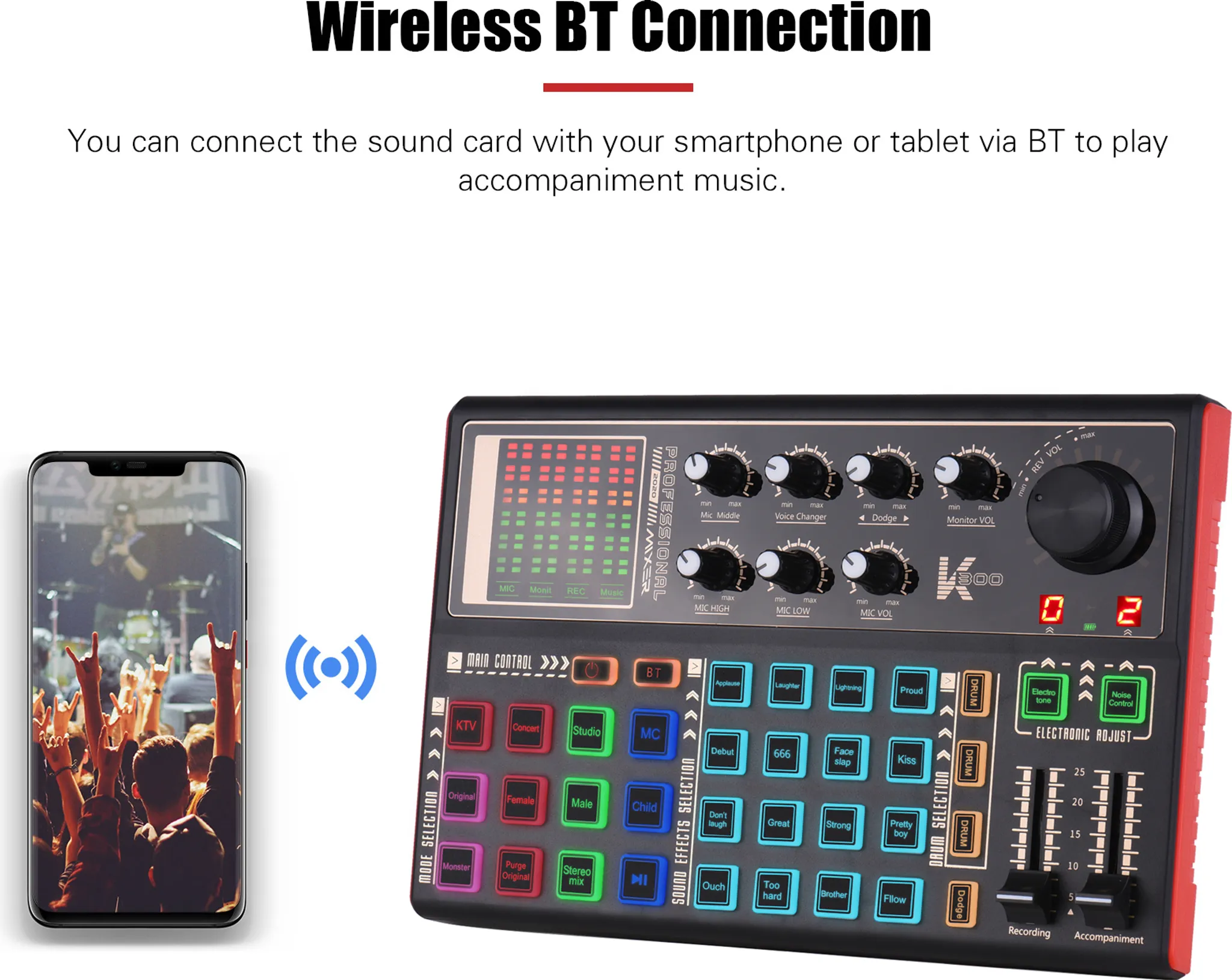 Ein Smartphone zeigt eine Band mit jubelnden Fans; daneben ein Mischpult.