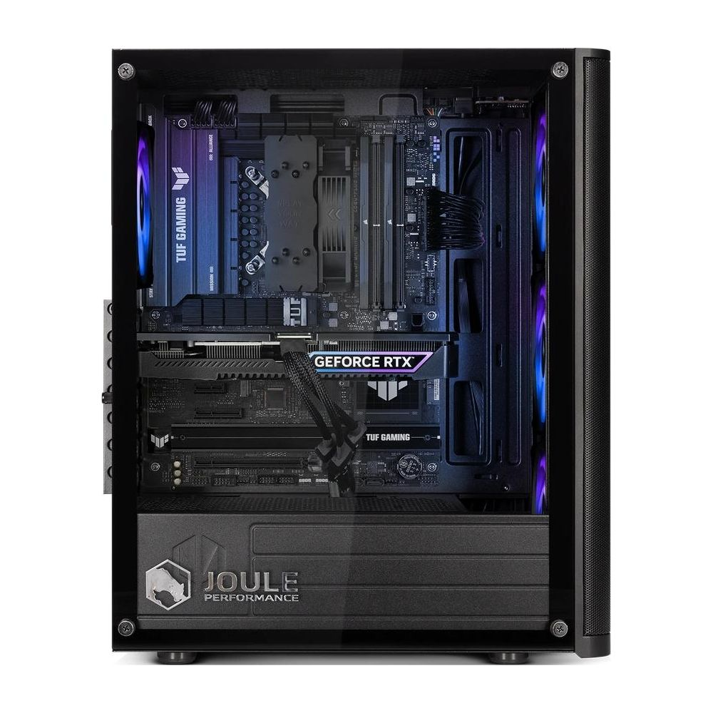 Un PC da gaming con illuminazione RGB, scheda grafica GeForce RTX e componenti TUF Gaming.