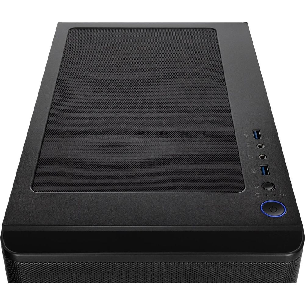 Case PC nero con parte superiore in rete, porte USB frontali, jack audio e pulsante di accensione.
