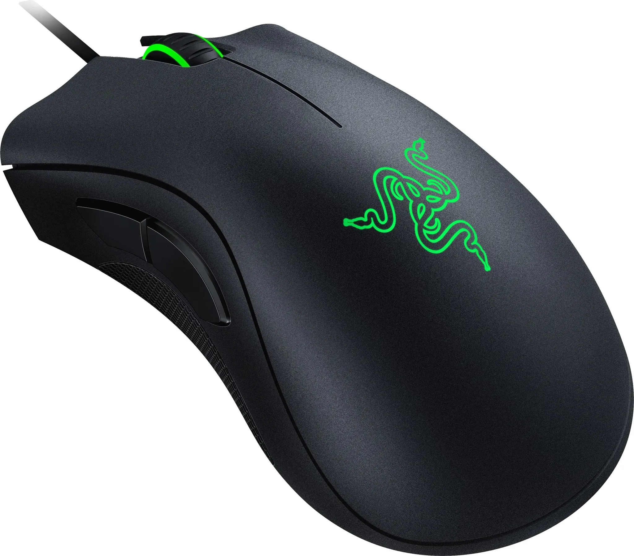 Schwarze Gaming-Maus mit leuchtend grünen Akzenten und Logo auf weißem Hintergrund.