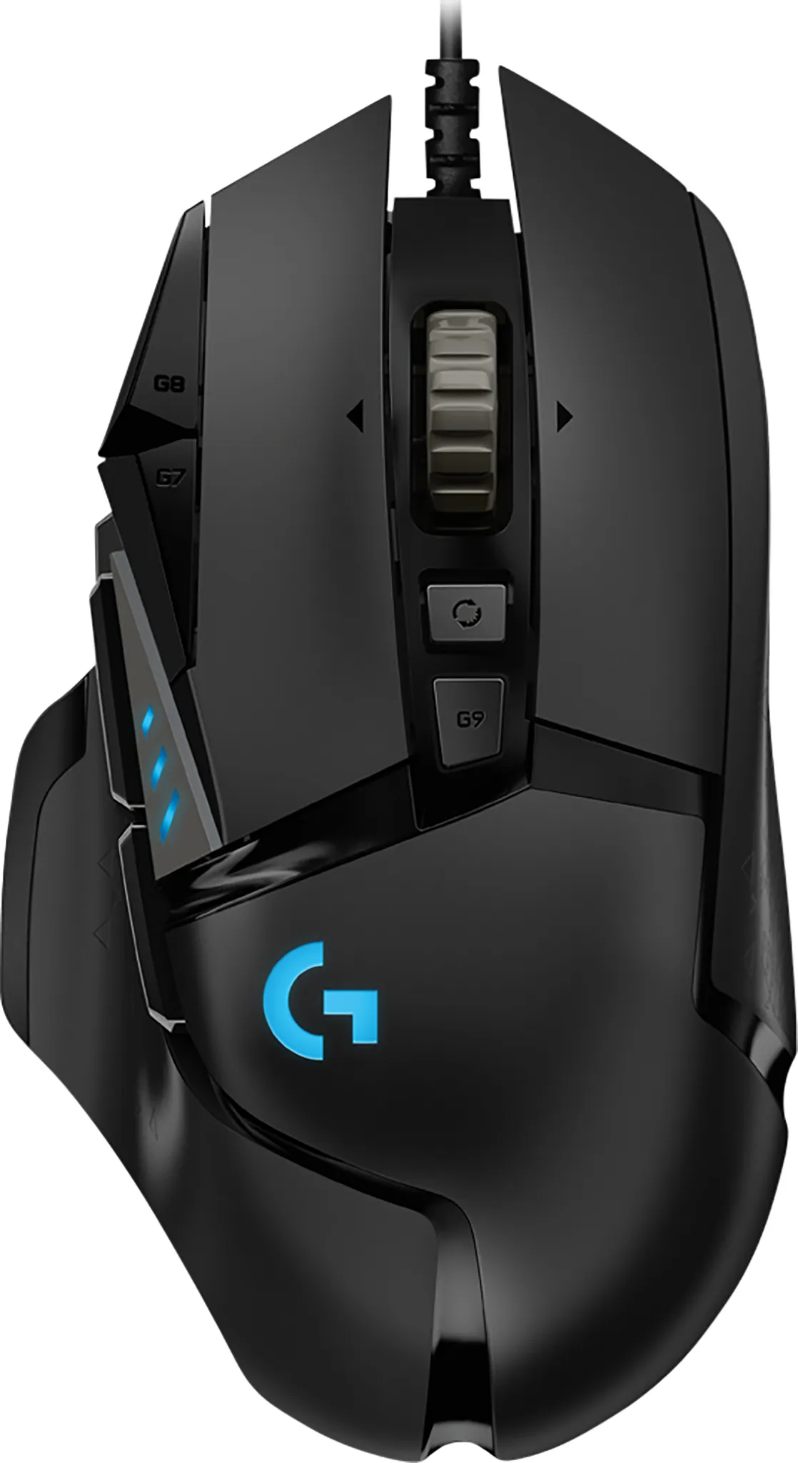 Schwarze Gaming-Maus mit blauem Logo, Scrollrad und Tasten.