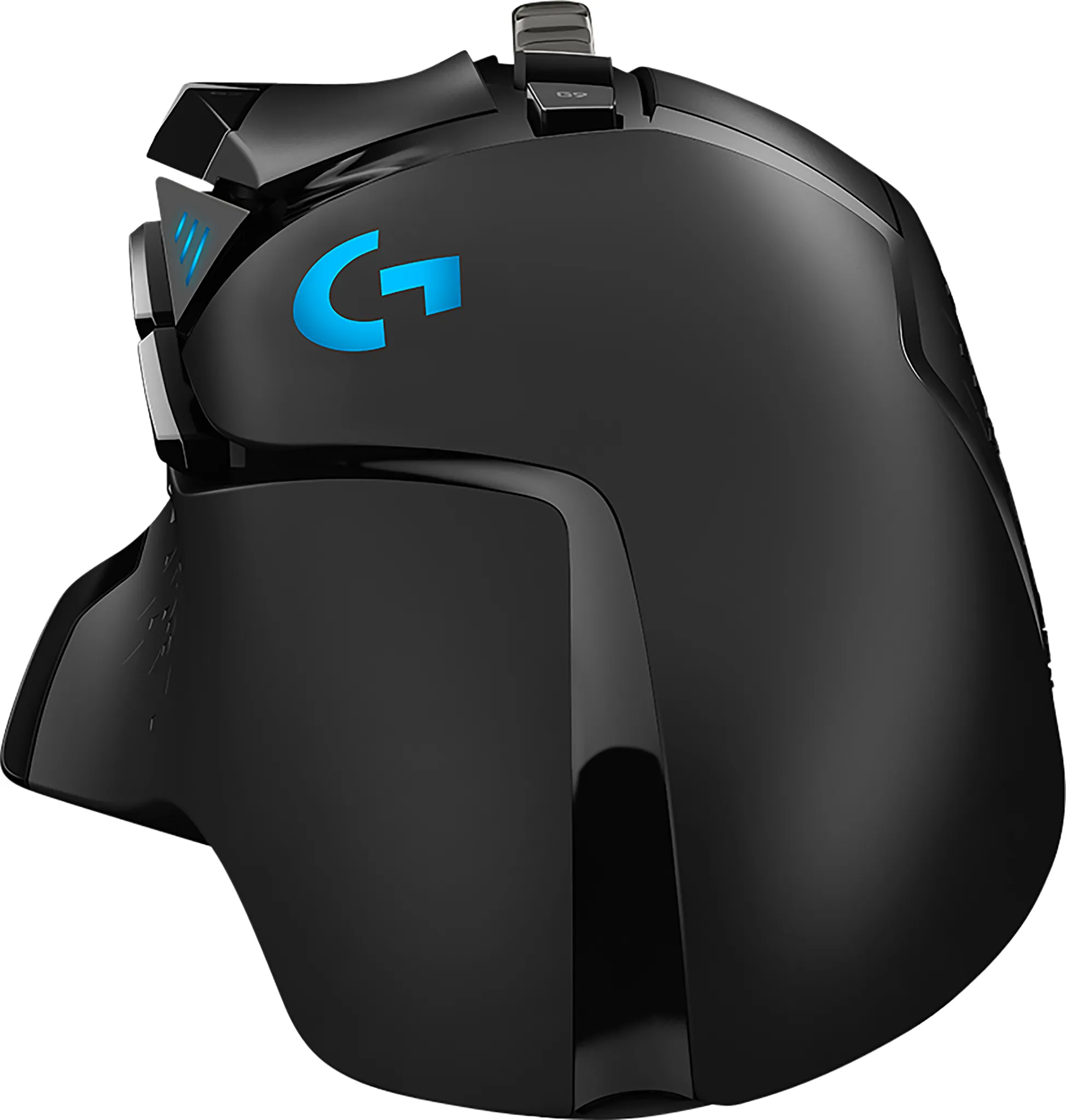 Schwarze Gaming-Maus mit blauem G-Logo und beleuchteten Tasten.