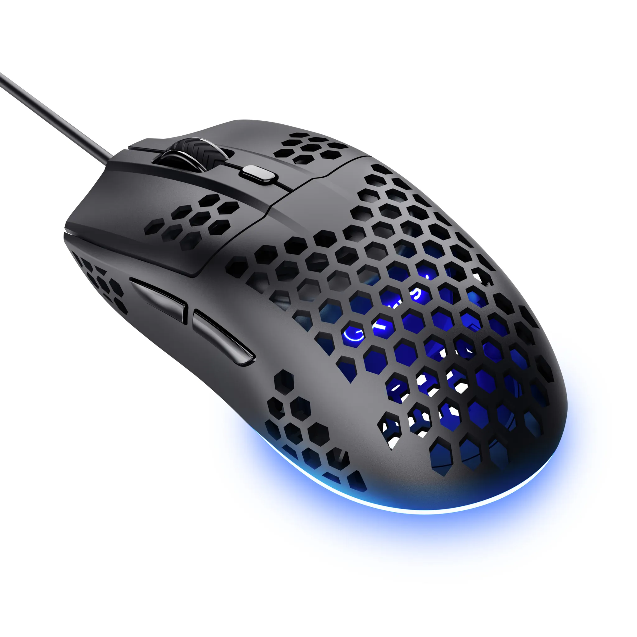 Schwarze Gaming-Maus mit Wabenmuster und blauer Beleuchtung.