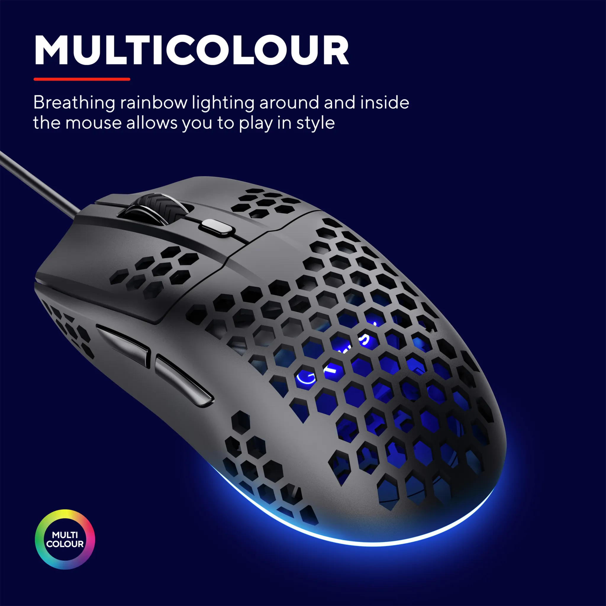 Schwarze Gaming-Maus mit wabenförmigem Design und blauem Licht.