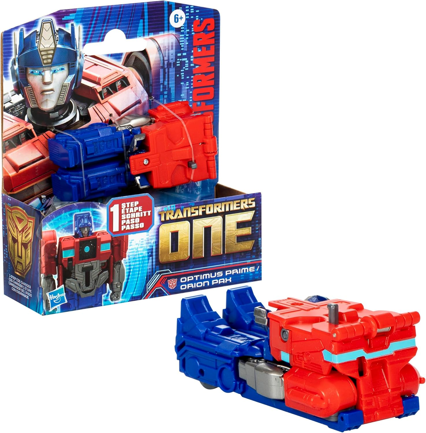 Czerwono-niebieska zabawka Optimus Prime, w opakowaniu i osobno.
