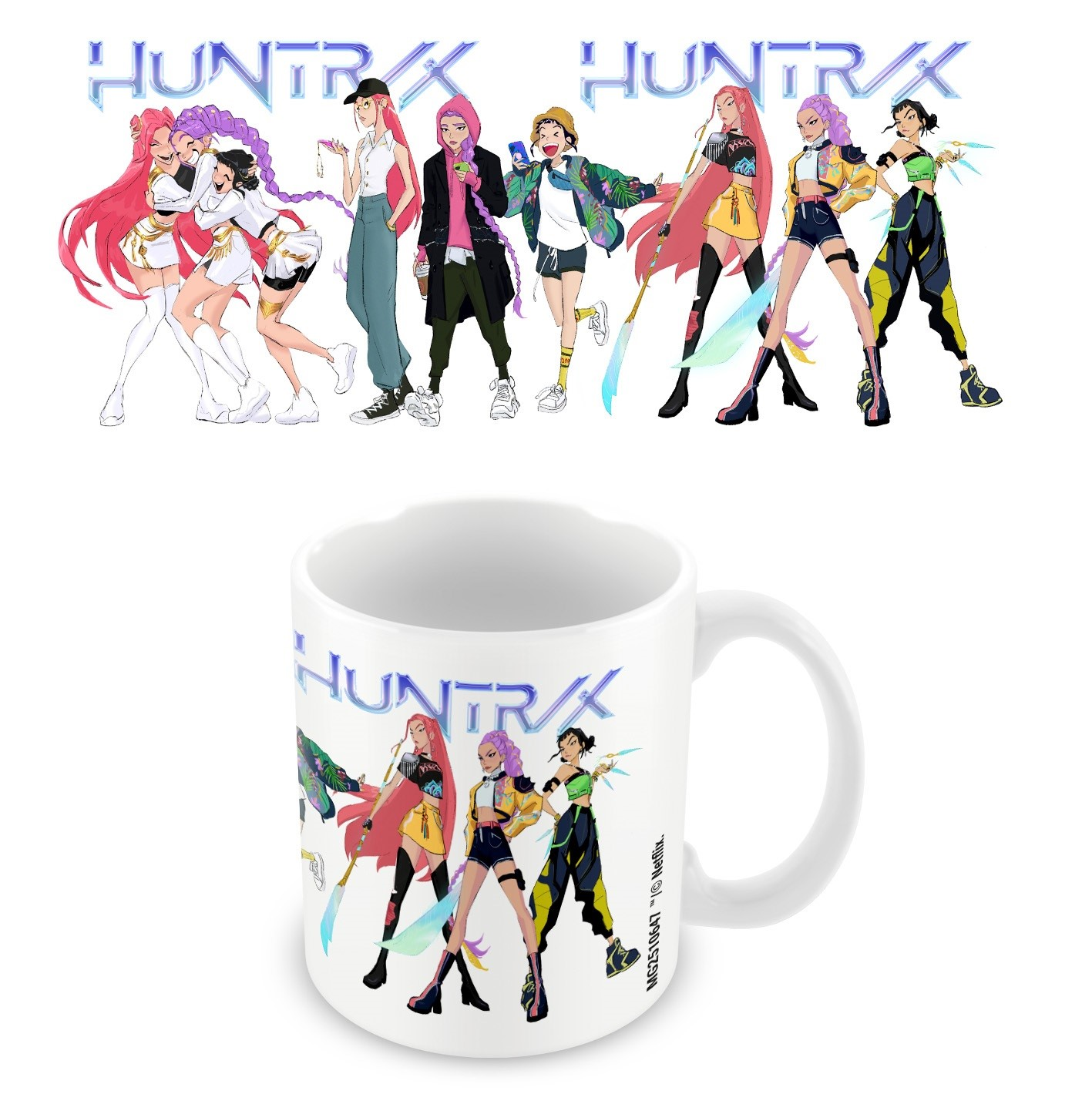 Sechs animierte Figuren mit bunten Haaren und Kleidung, die das Logo 'HUNTRX' zeigen.
