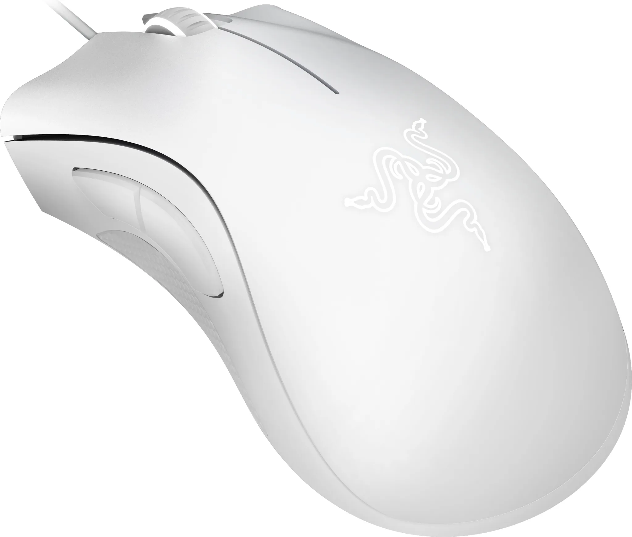 Eine weiße Gaming-Maus mit dem Razer-Logo. Detailreiche Ansicht.