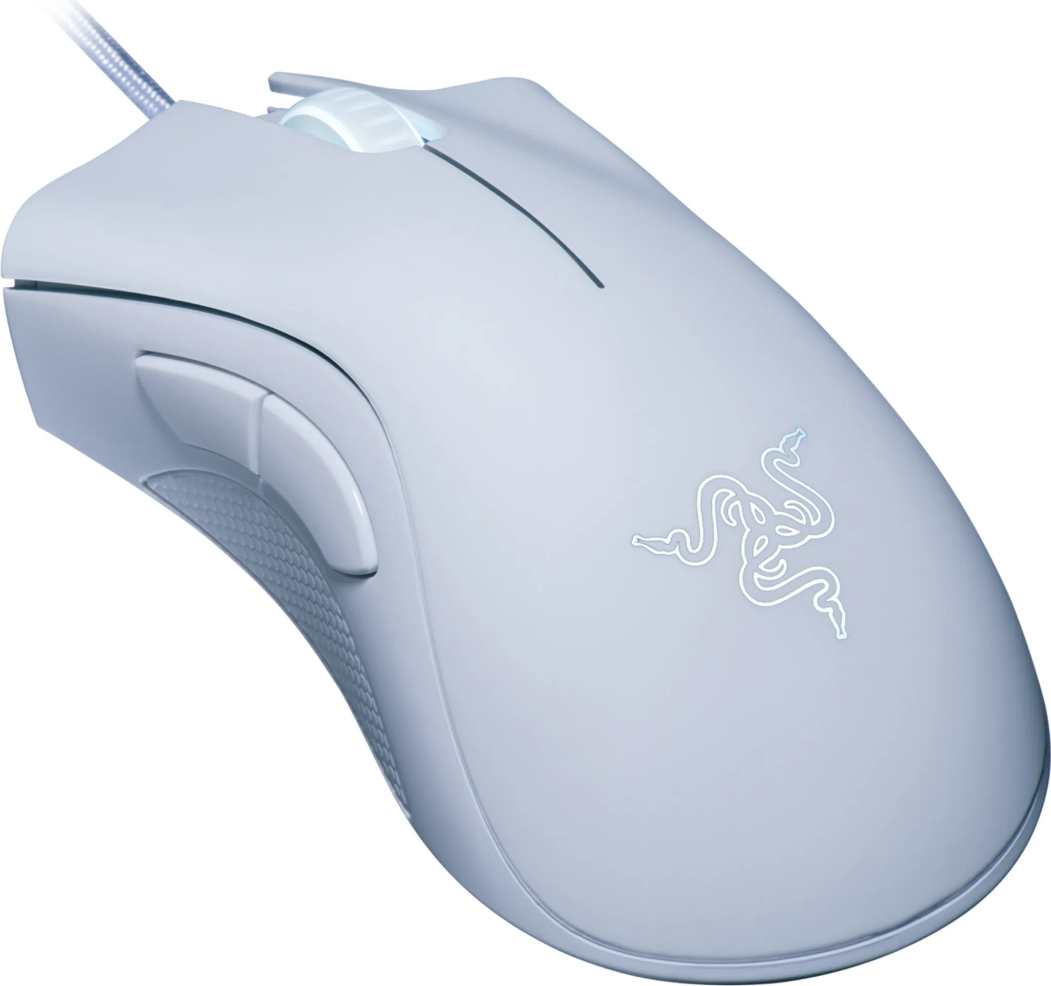 Eine weiße Gaming-Maus mit einem leuchtenden Scrollrad und dem Razer-Logo.