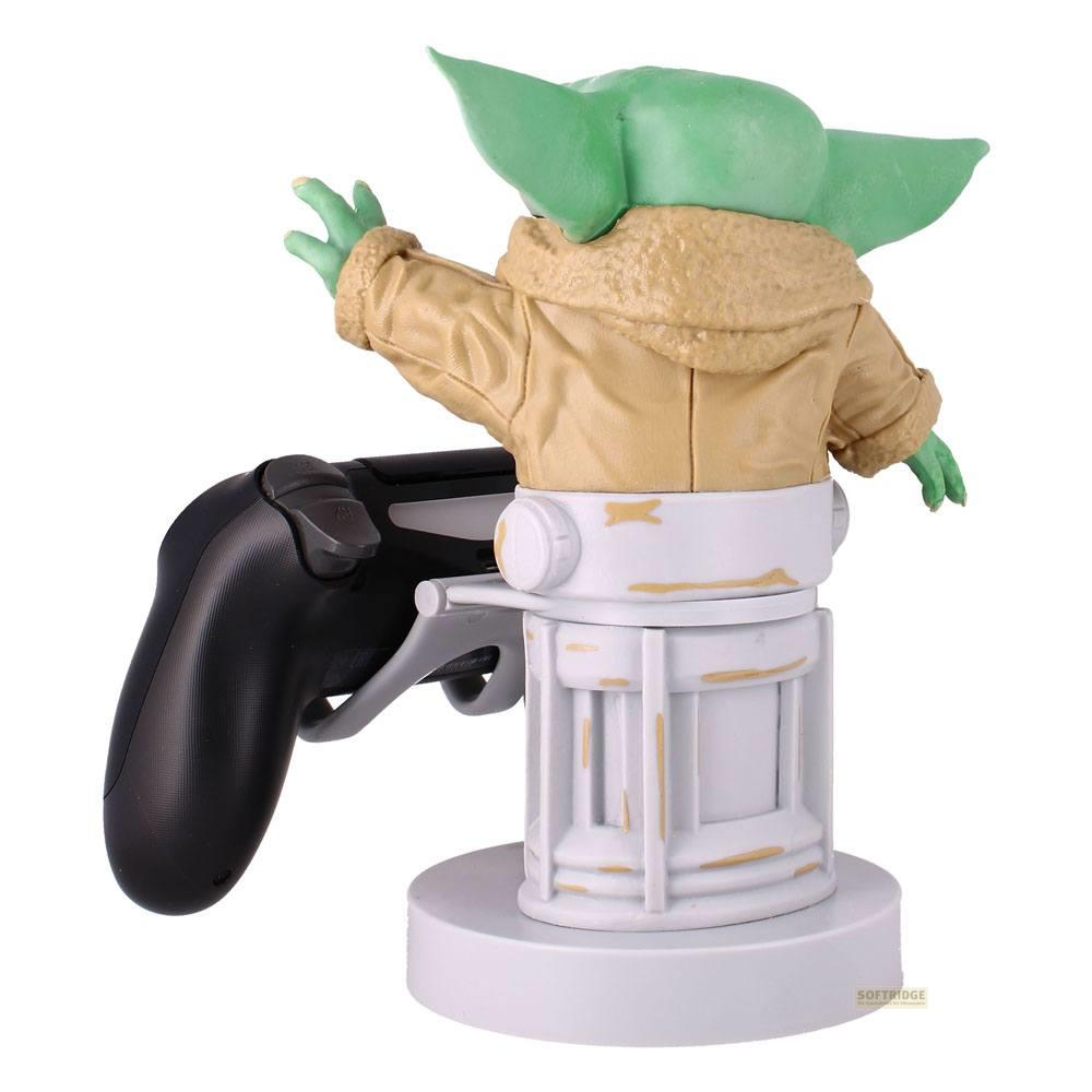 Statua di Baby Yoda con supporto controller, bianco e beige.