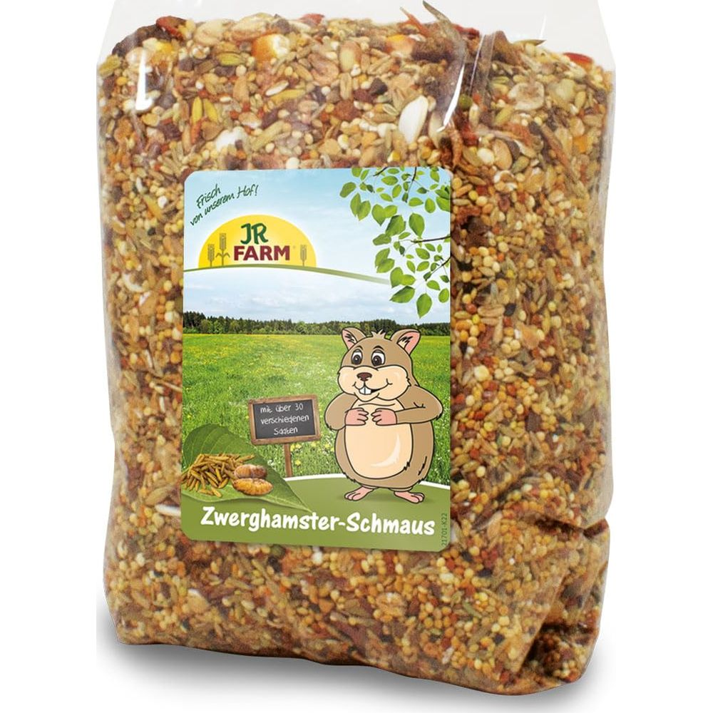 Ein Beutel mit Hamsterfutter, zeigt eine Illustration eines Hamsters und eines Feldes.