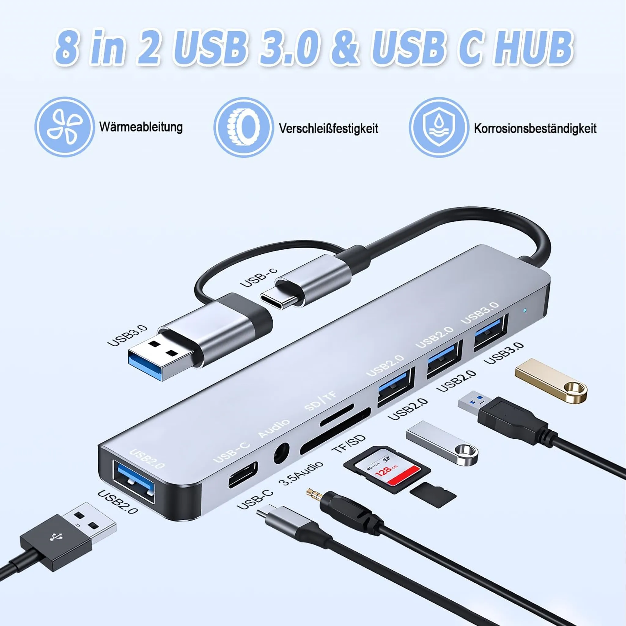 Ein silberner USB-C Hub mit vielen Anschlüssen, SD-Karte, USB-Sticks und Kabeln.