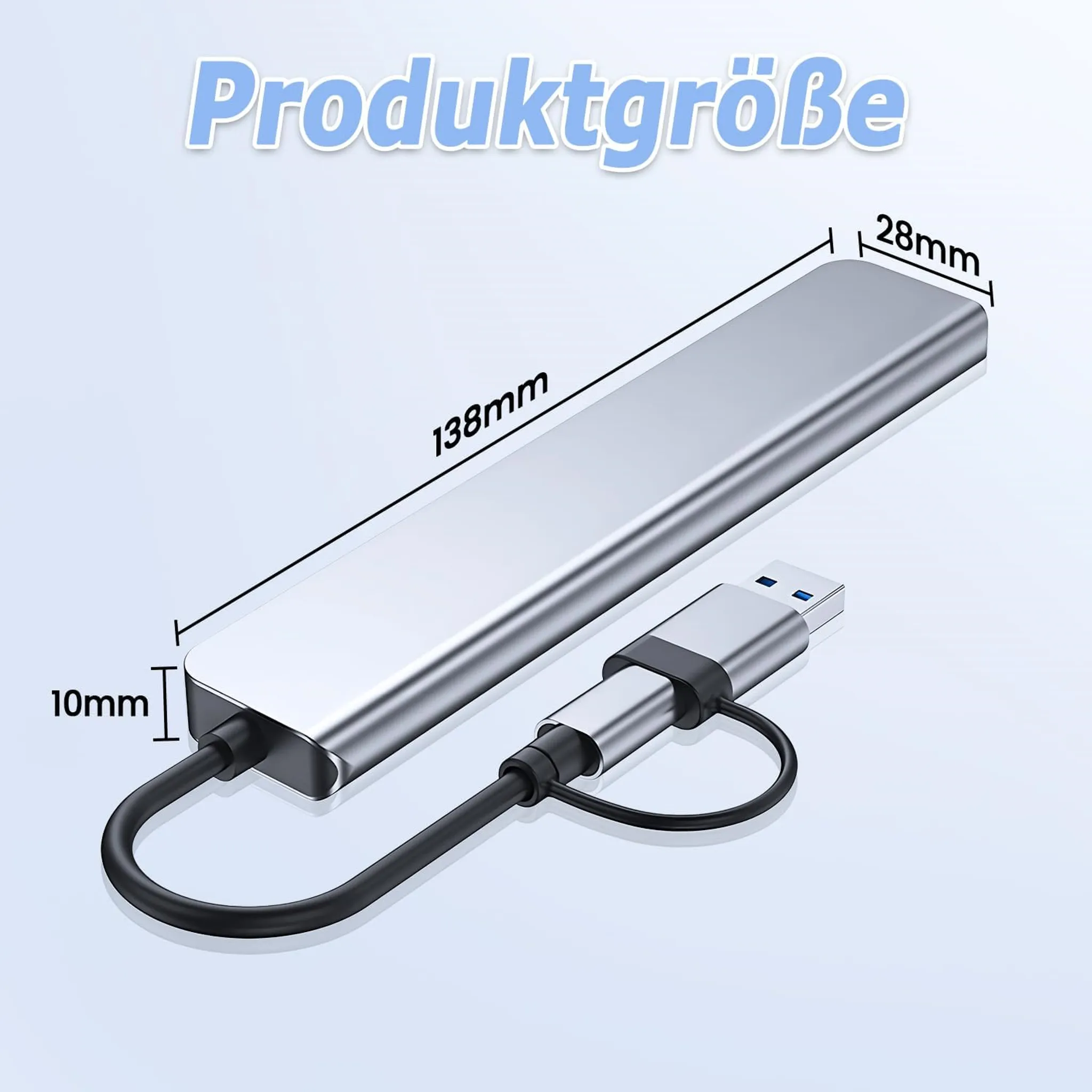 Silberner USB-C-Hub: 138mm lang, 28mm breit, 10mm hoch, mit USB-A-Anschluss.