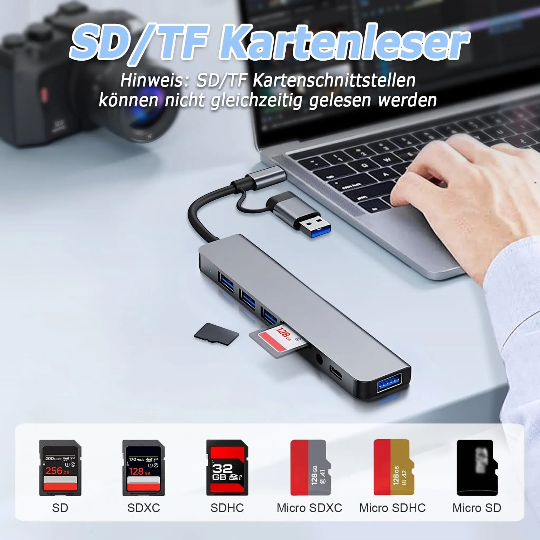 Ein USB-C-Hub mit SD- und Micro-SD-Kartenlesern ist an einen Laptop angeschlossen.