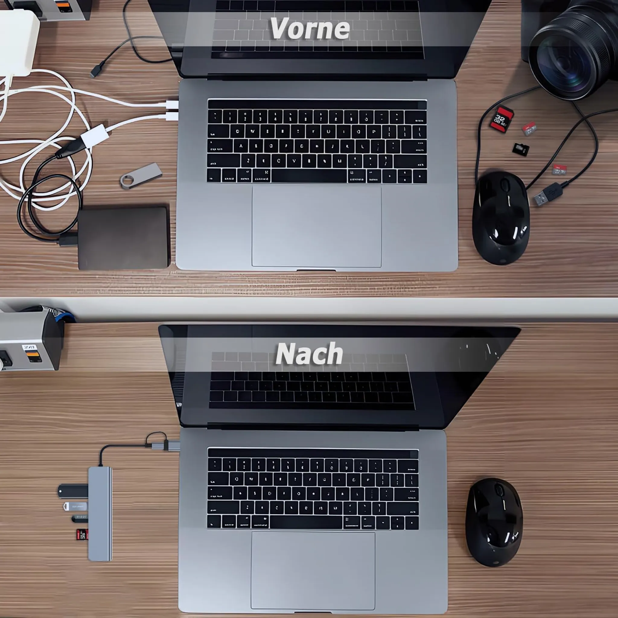Vorher: Laptop mit Kabeln, Maus, SD-Karten und externer Festplatte.