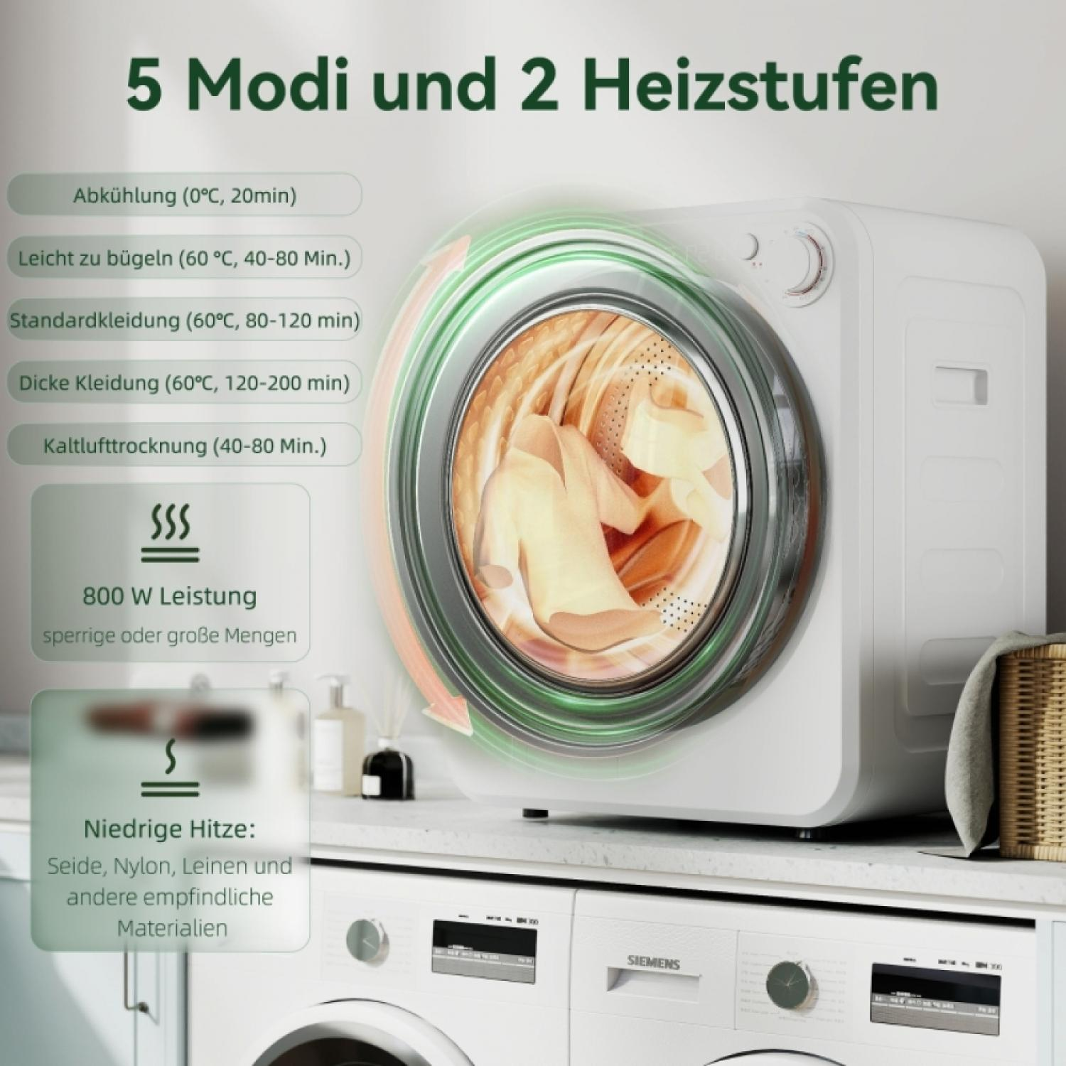 Ein weißer Trockner mit einer Trommel voller Kleidung und Menüoptionen.