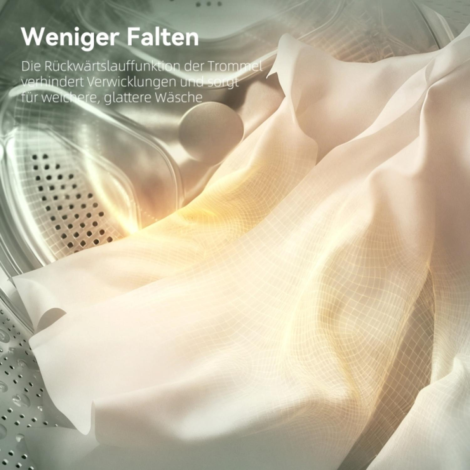 Weniger Falten: Wäsche im Trommelinneren, mit sanften Lichteffekten.