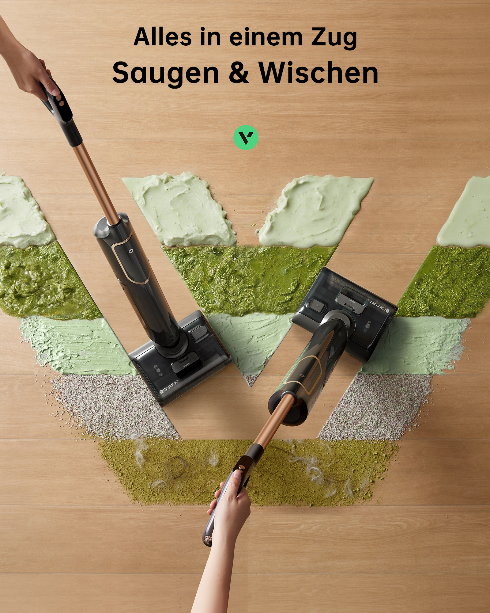 Zwei Staubsauger auf Holzboden mit grünen und grauen Flecken.