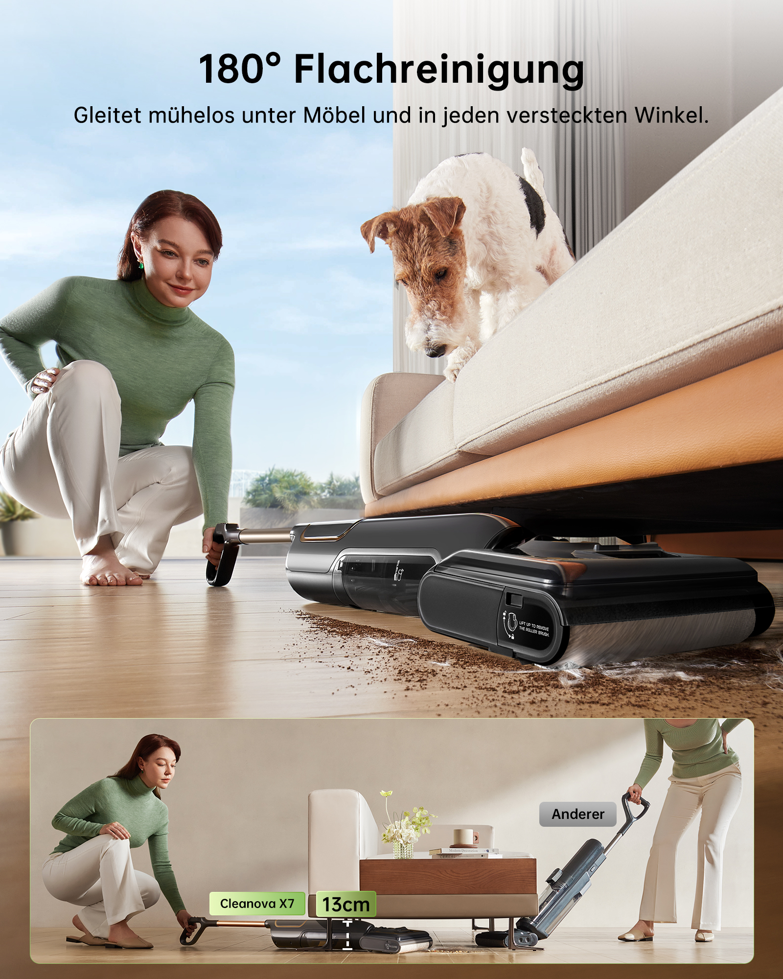 Frau reinigt Boden unter Sofa, Hund schaut zu. Unten: Staubsauger unter Möbel.