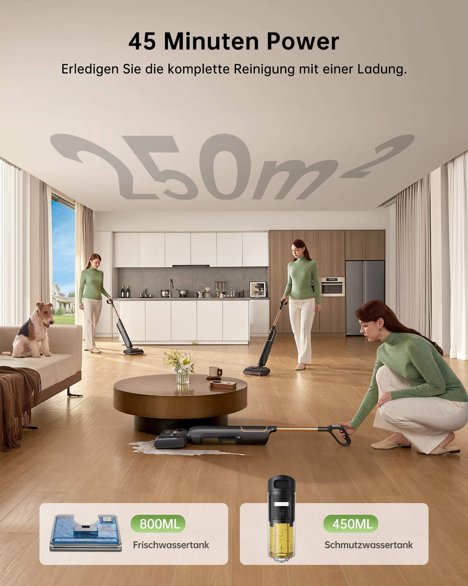 Drei Frauen und ein Hund in einem modernen Wohnzimmer mit einem Staubsauger.