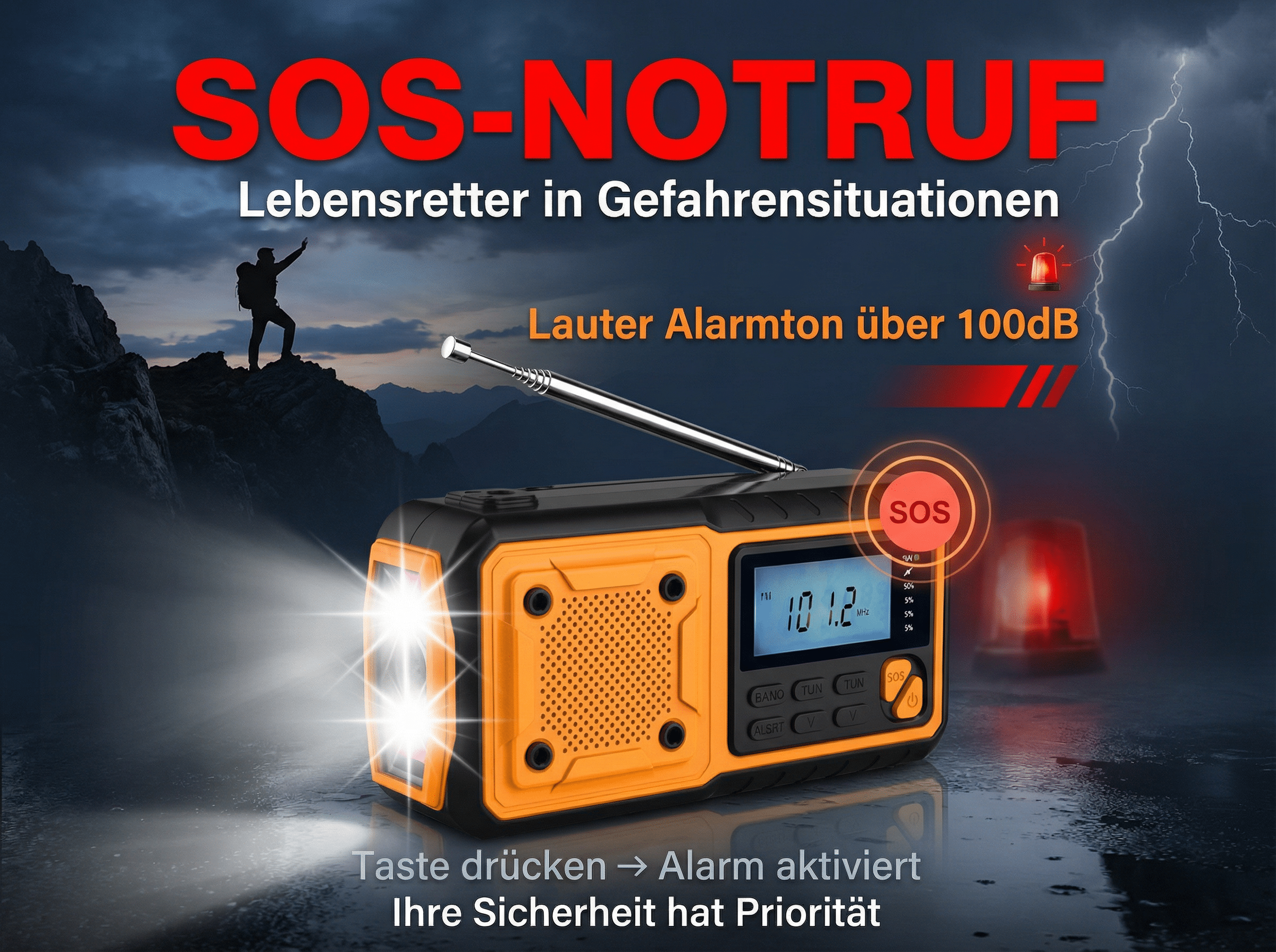 Ein orangefarbenes SOS-Radio mit blinkender Warnleuchte und Blitz im Hintergrund.