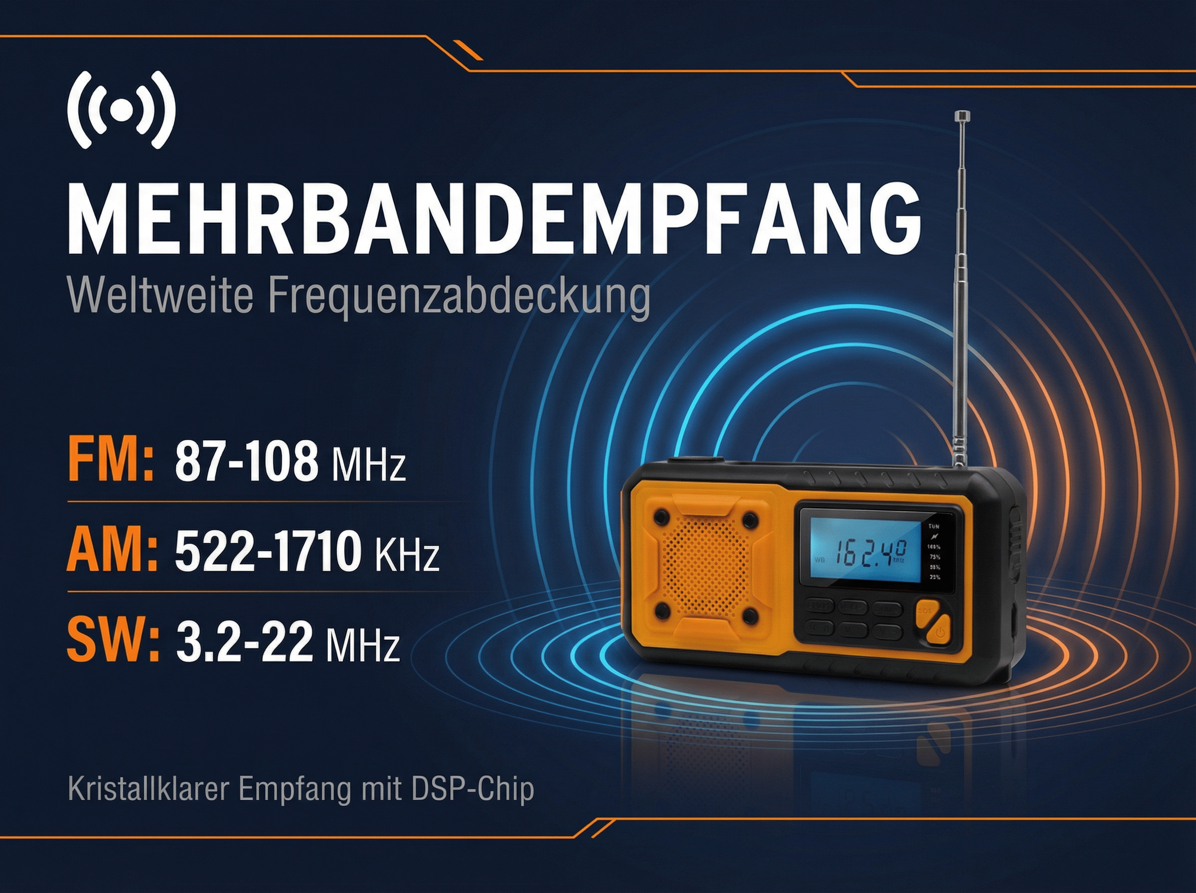 Orange und schwarzes Radio mit ausgefahrener Antenne und Frequenzinformationen.