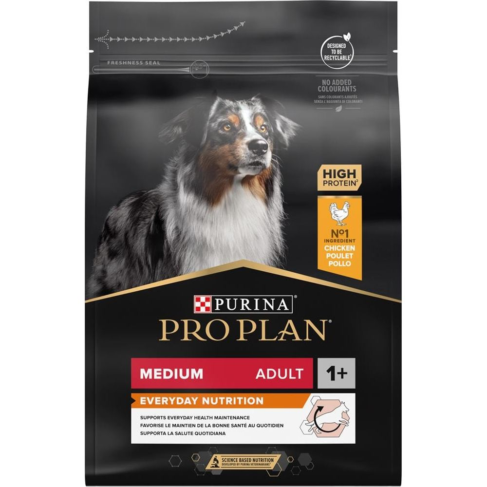 Hundefutter-Verpackung mit Hundebild, Purina Pro Plan Logo, mittlere Größe, Erwachsener, 1+ Jahre.