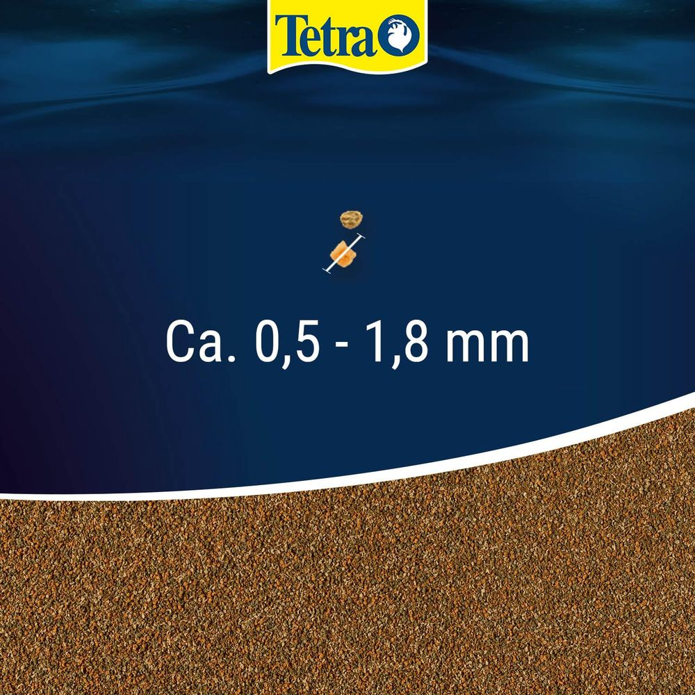Tetra Logo, Futterbrocken und Größenangabe 0,5-1,8 mm auf dunklem Grund.