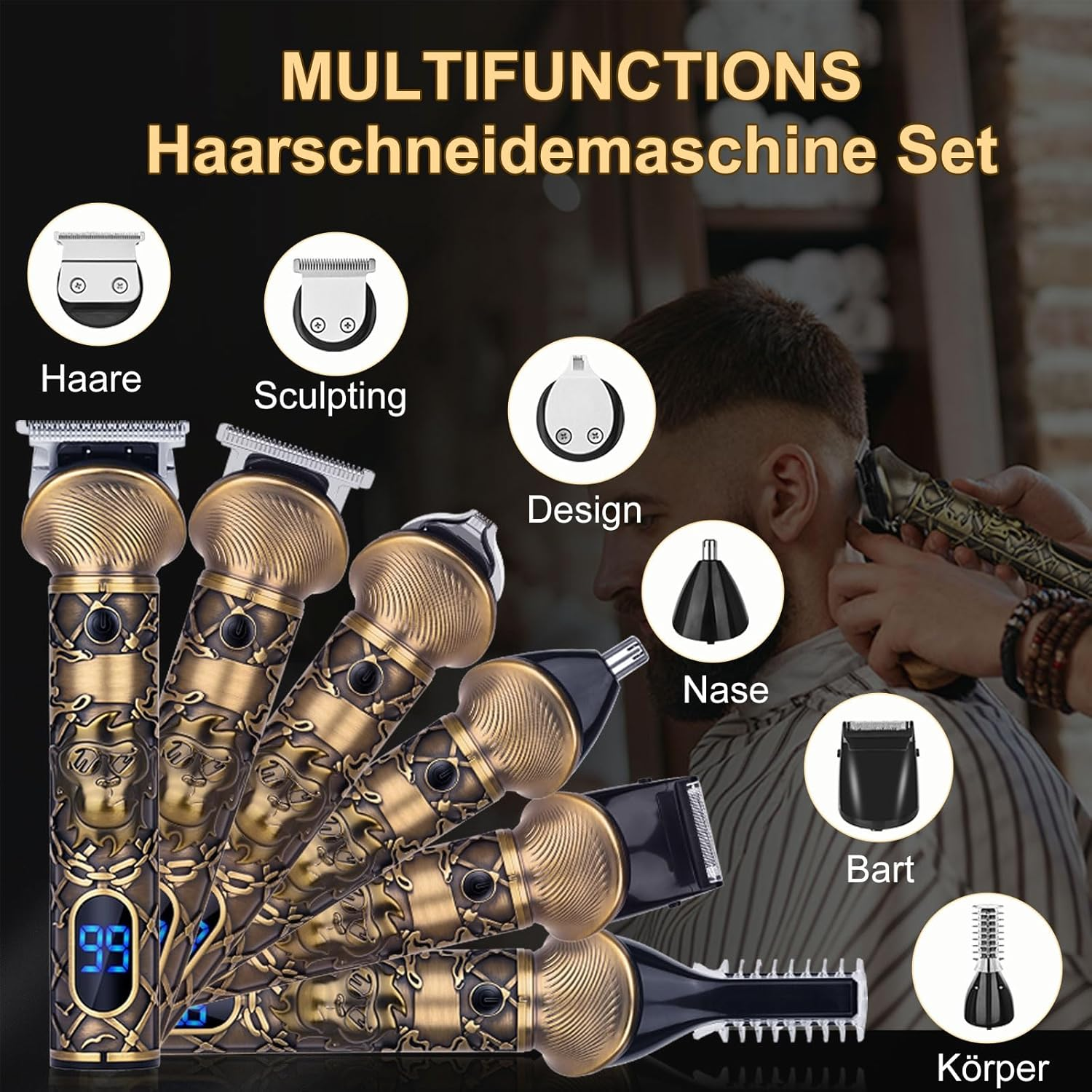 Wielofunkcyjny zestaw do strzyżenia włosów z nasadkami do włosów, nosa, brody i ciała.