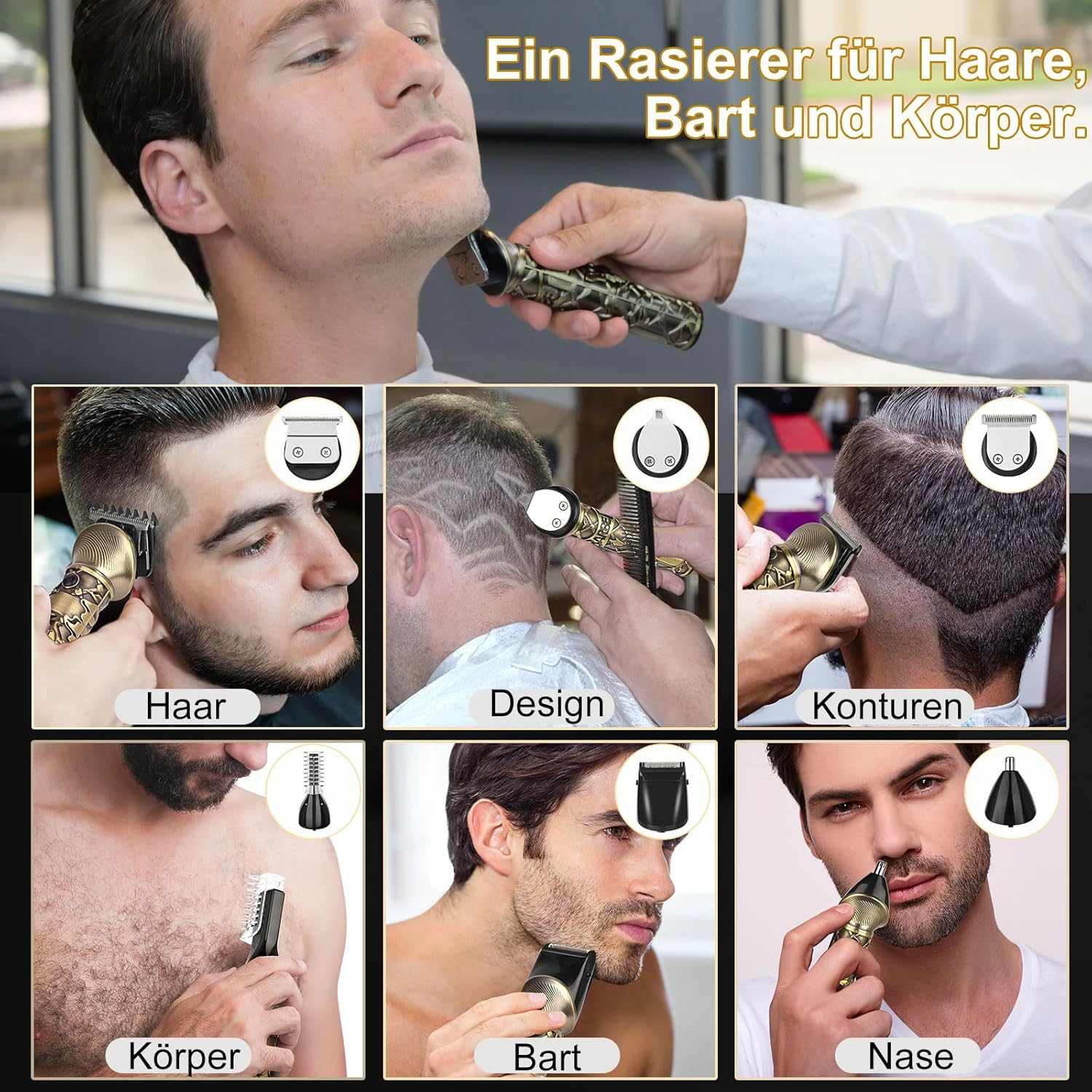 Mężczyzna goli brodę, obok stylizacja włosów, pielęgnacja ciała i nosa.