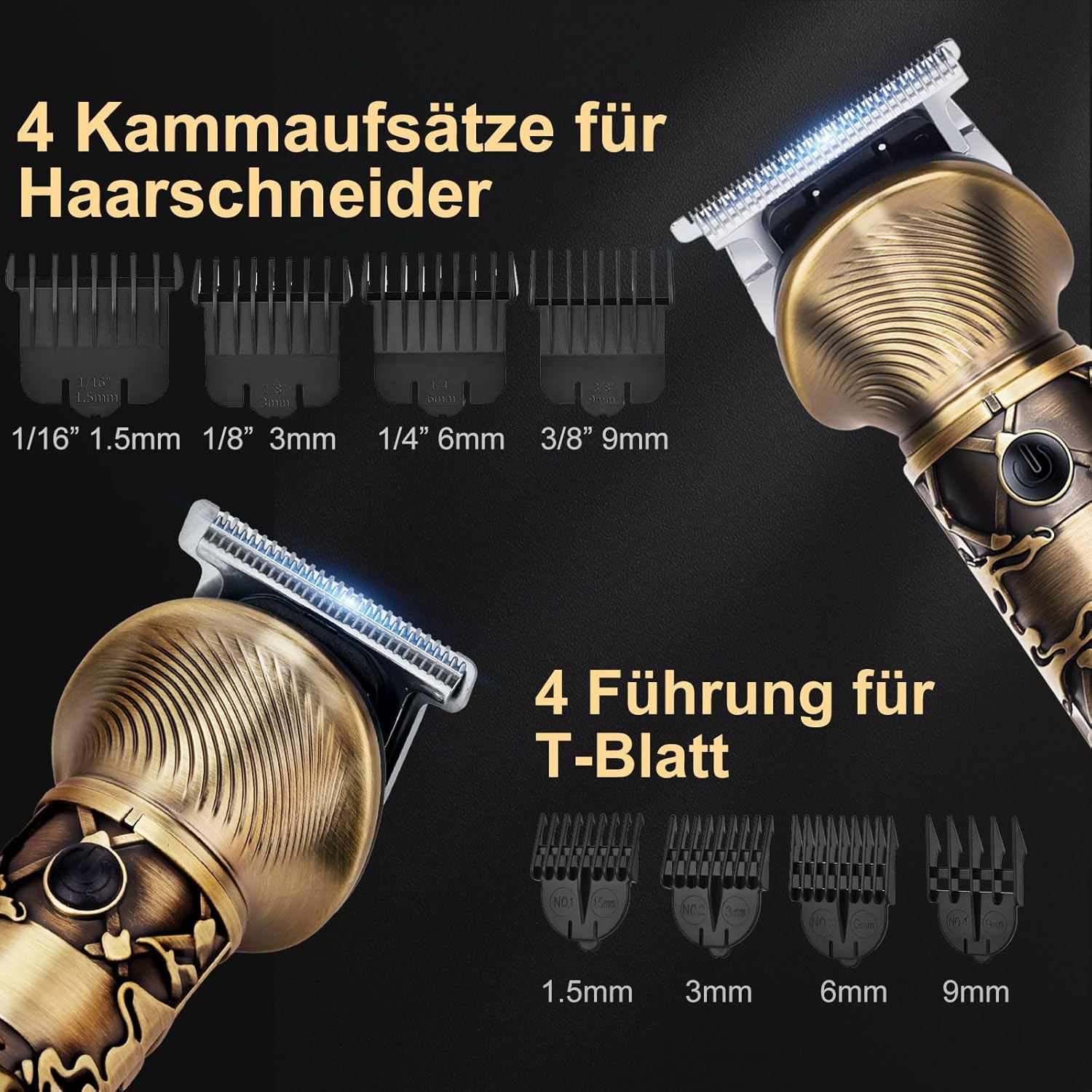 Dwie złote maszynki do strzyżenia włosów z nasadkami i wskaźnikami rozmiaru.