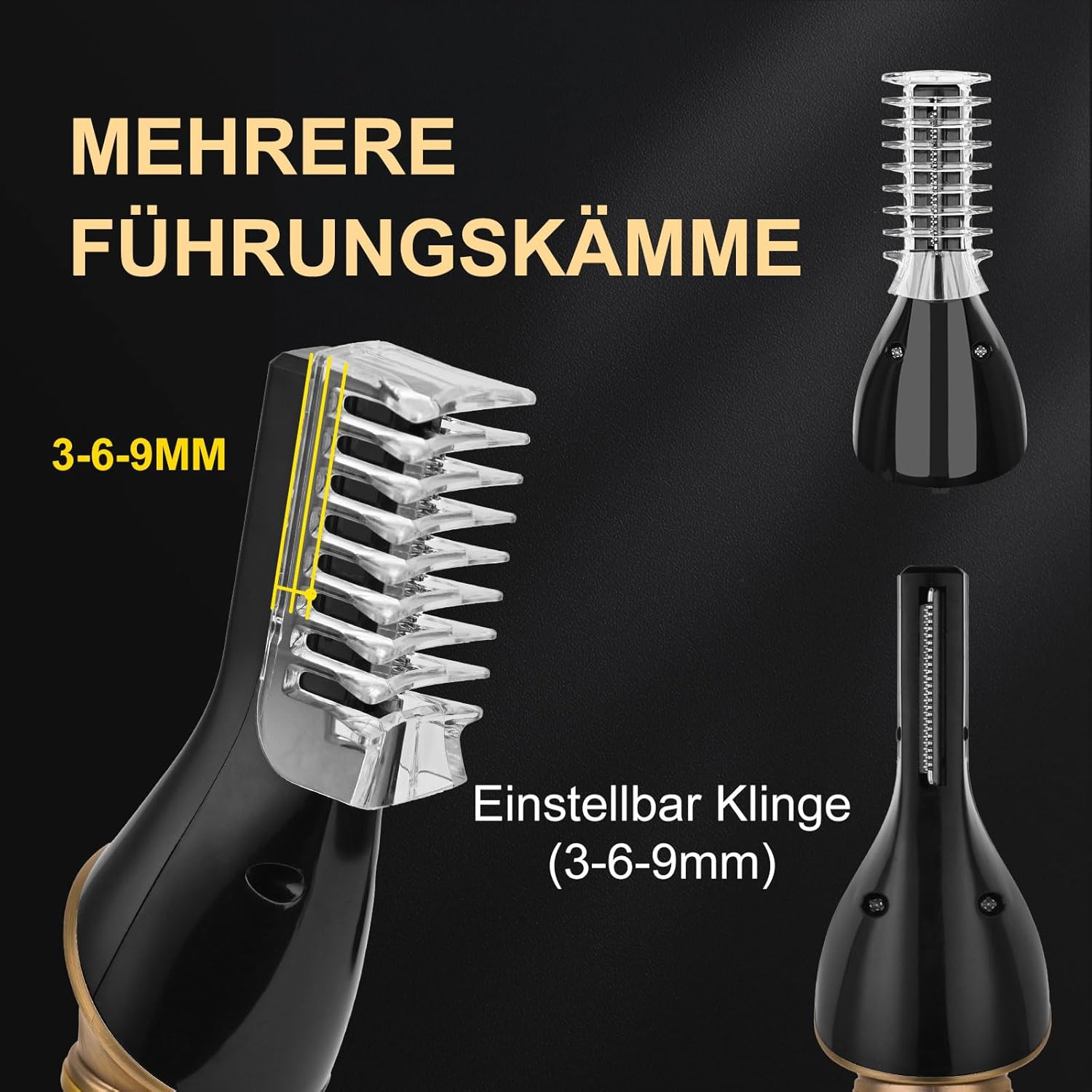 Zbliżenie czarnej maszynki z nasadkami i wskaźnikami rozmiaru.