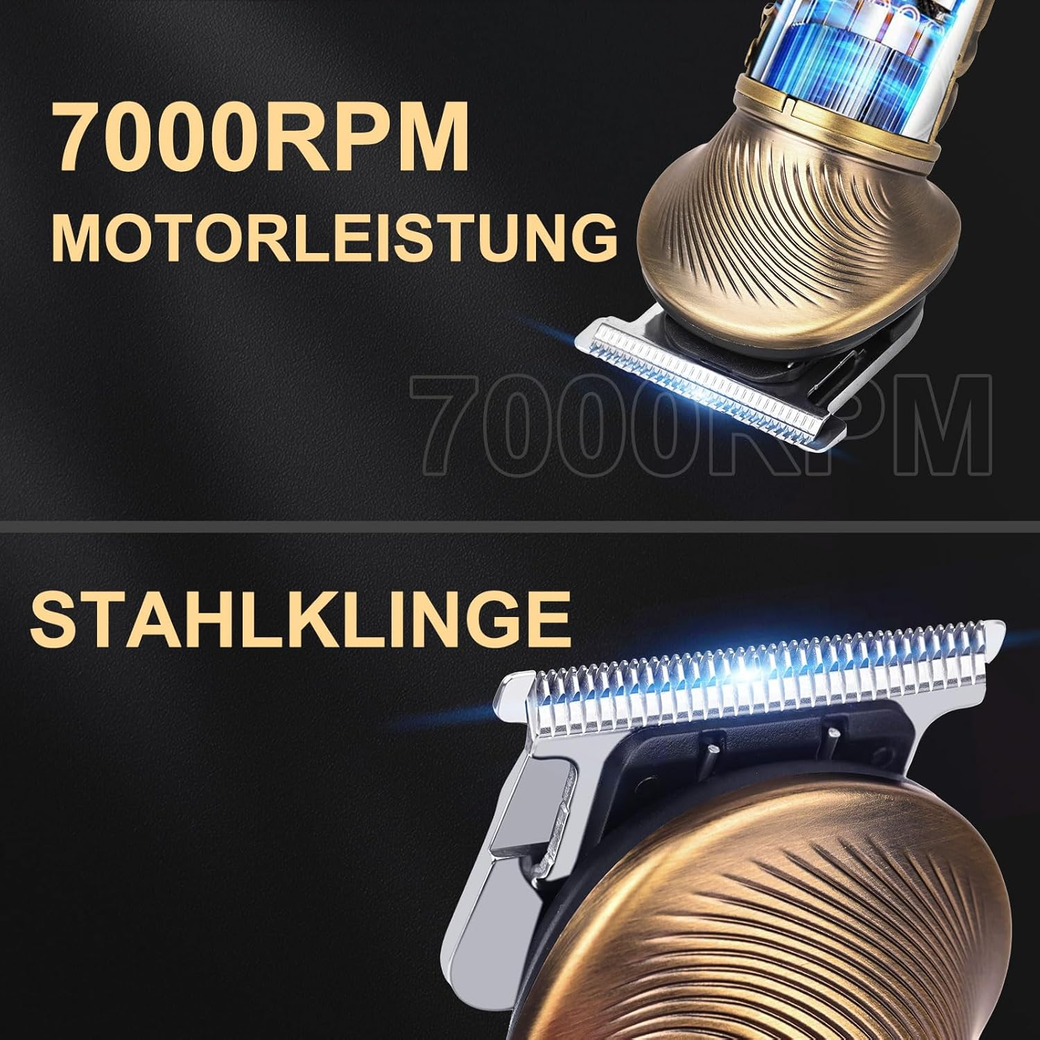 Zbliżenie złotej maszynki do strzyżenia włosów z ostrą klingą i silnikiem 7000 obr./min.