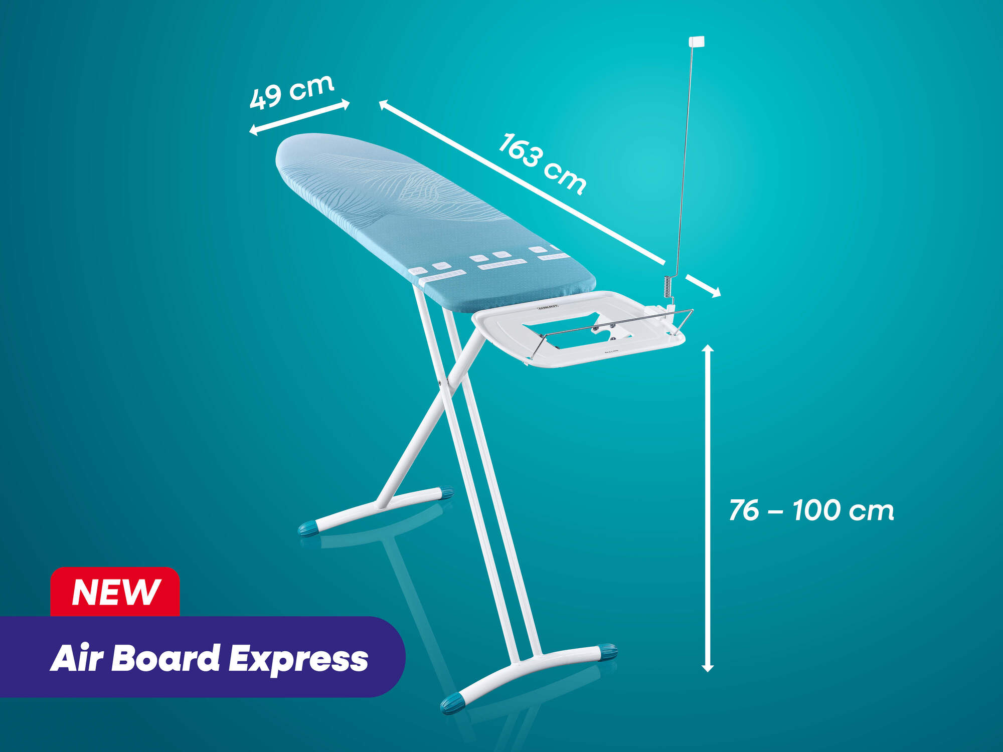 Nowa deska do prasowania 'Air Board Express'. Wymiary: 163x49 cm, regulacja wysokości 76-100 cm.