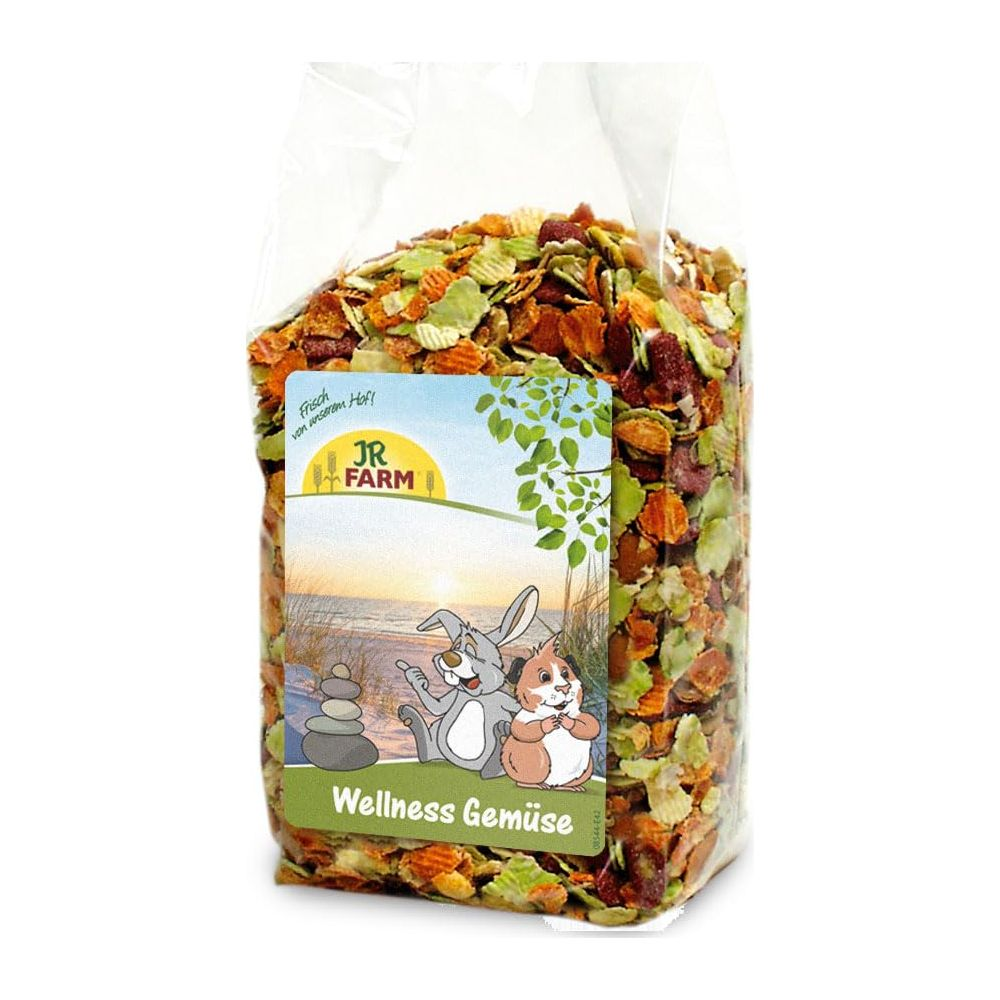 Ein Beutel mit Tierfutter, der ein Etikett mit einem Hasen und einem Hamster zeigt.