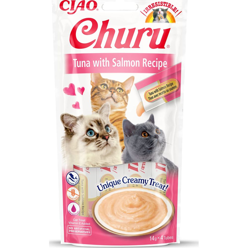 Golosinas Churu para gatos: tres gatos, receta de atún con salmón, golosina cremosa.