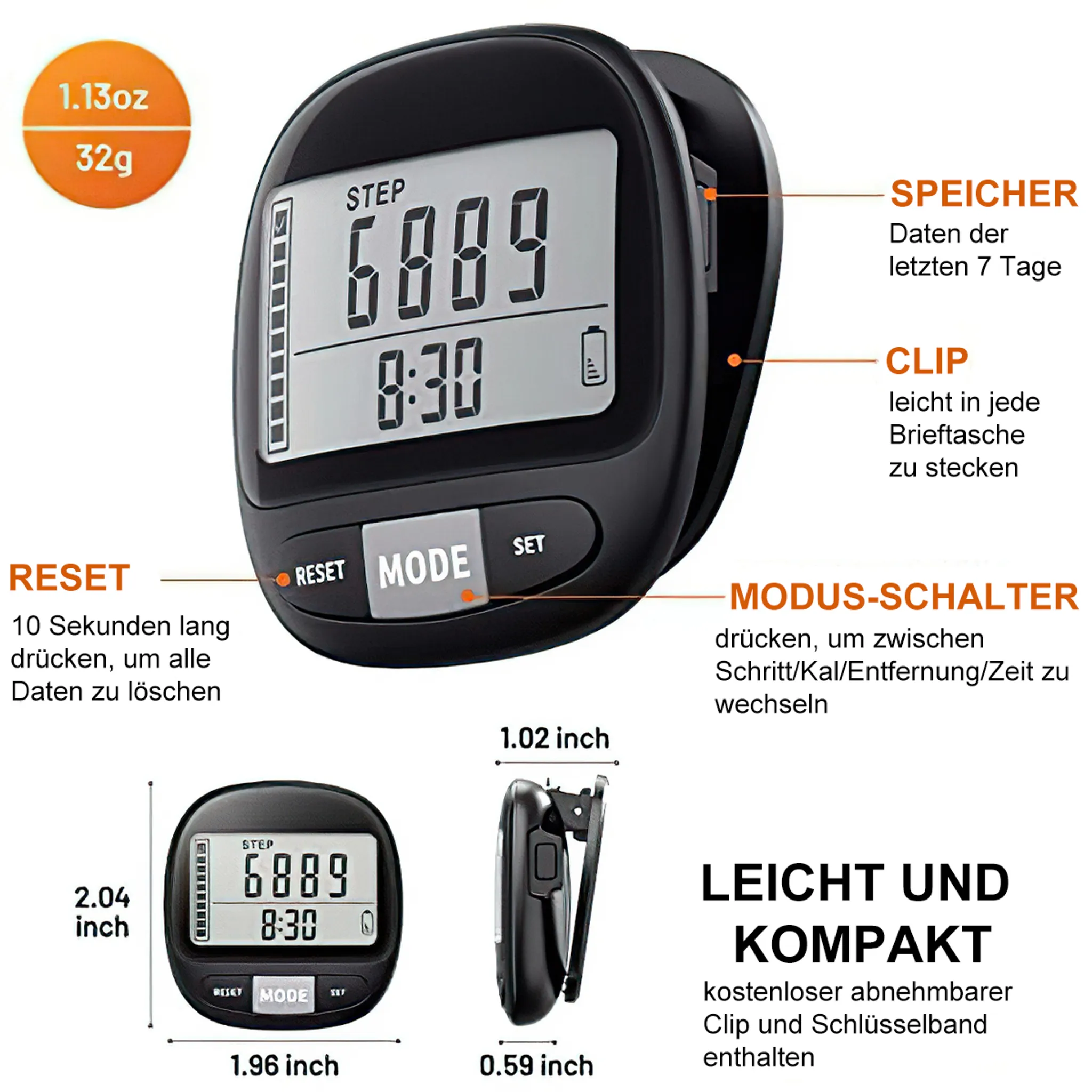 Ein schwarzer Schrittzähler mit Clip, der Schritte, Zeit und Batteriestand anzeigt.