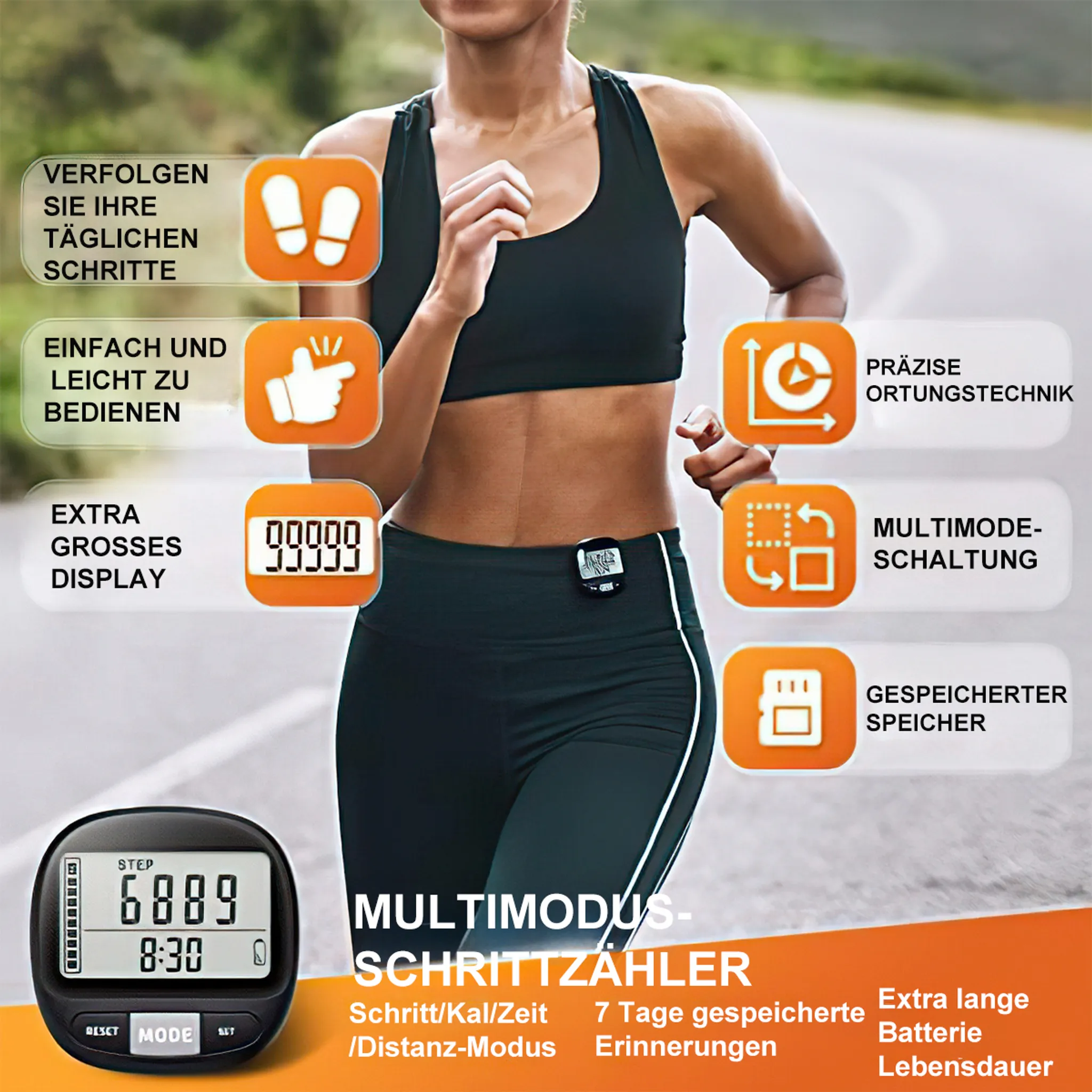 Läuferin mit Schrittzähler-Werbung. Zeigt Funktionen wie Schrittverfolgung, einfache Bedienung, großes Display, Ortung, Multimode und Speicher.