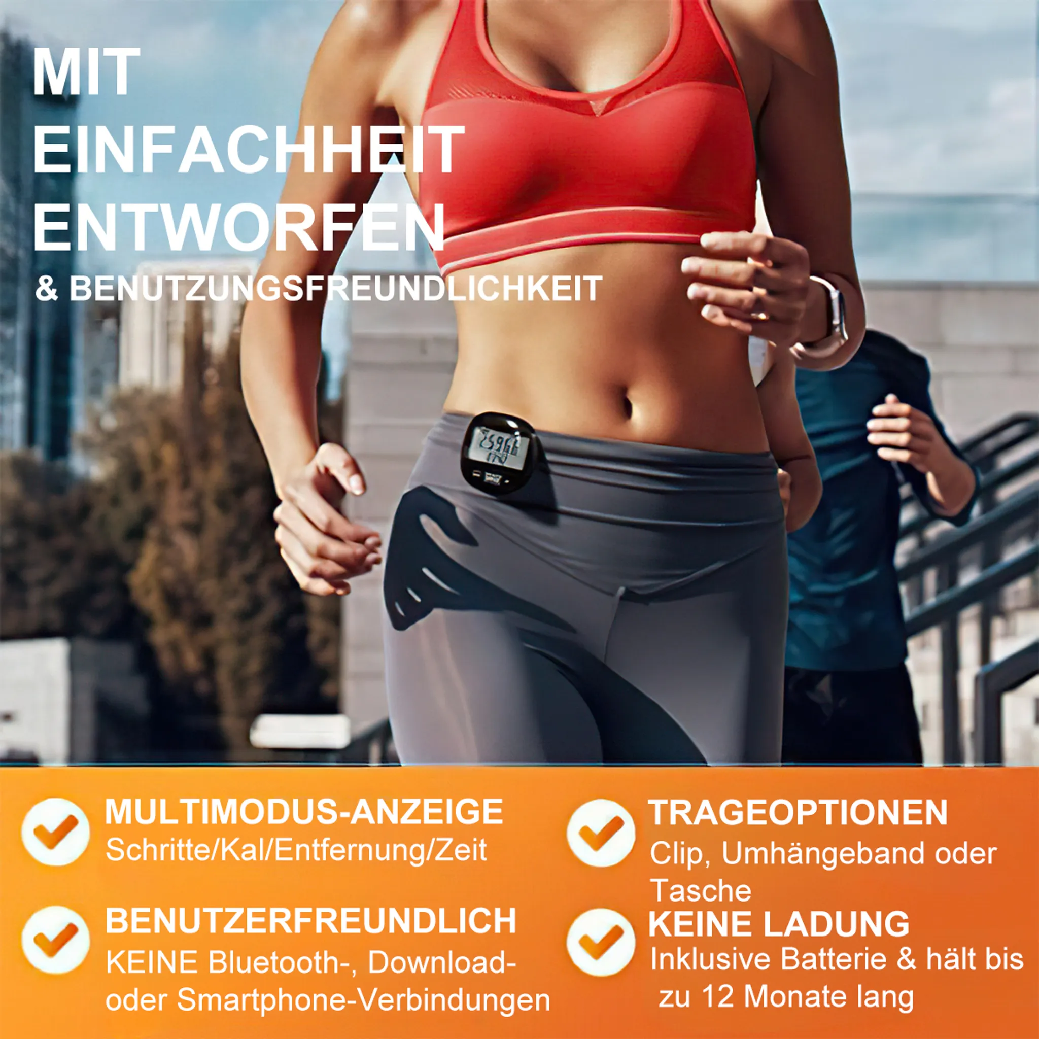 Läuferin mit Schrittzähler am Hosenbund, rote Sport-BH, graue Hose.
