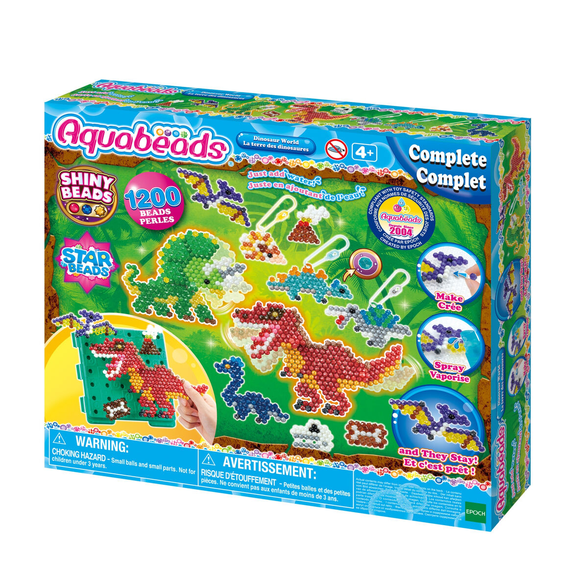 Aquabeads Dinosaurier-Bastelset mit Perlenmotiven von Dinosauriern und vulkanischen Landschaften.