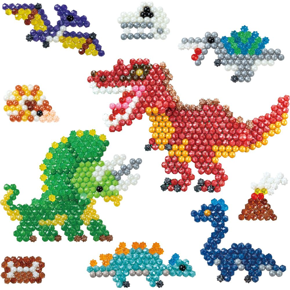 Dinosauri colorati di perline: Tirannosauro, Stegosauro, Pterodattilo.