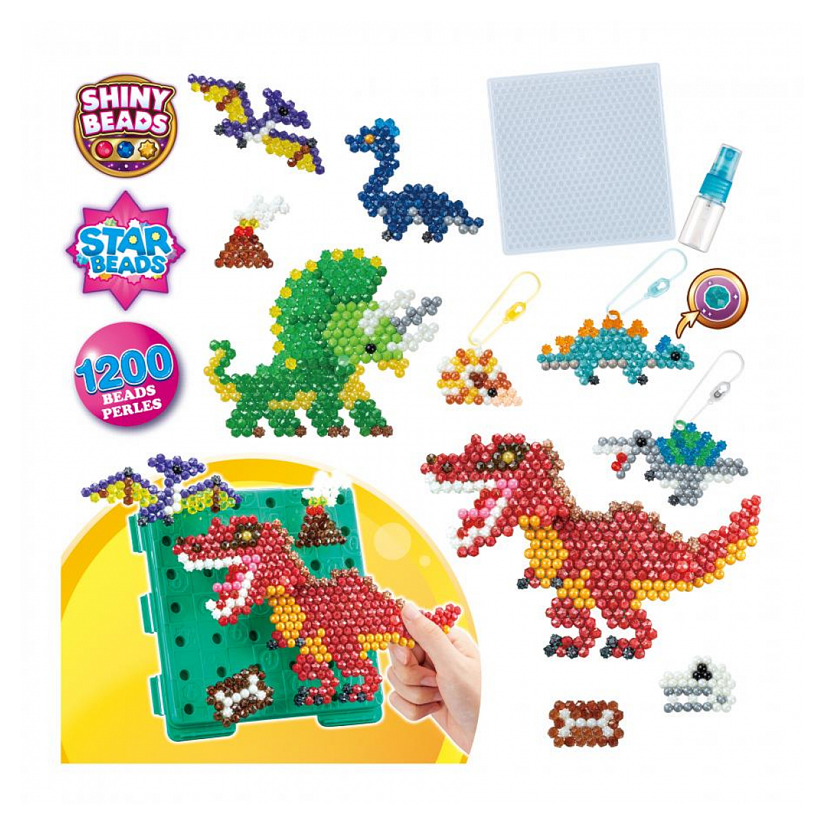 Bunte Perlen-Dinosaurier-Bastelset mit verschiedenen Modellen, Werkzeugen und Zubehör.