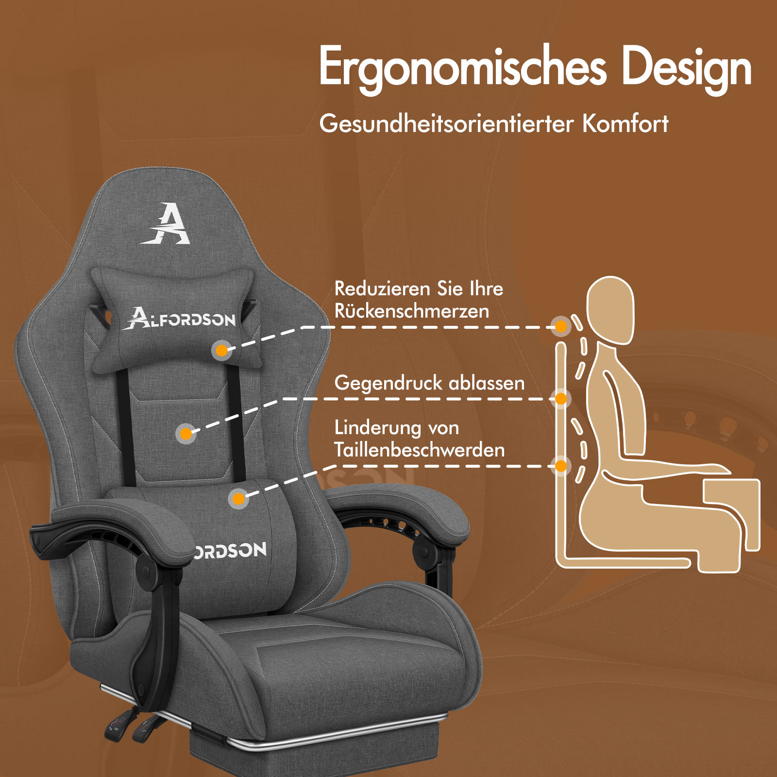 Grauer Bürostuhl mit ergonomischem Design, der Rückenschmerzen reduziert.