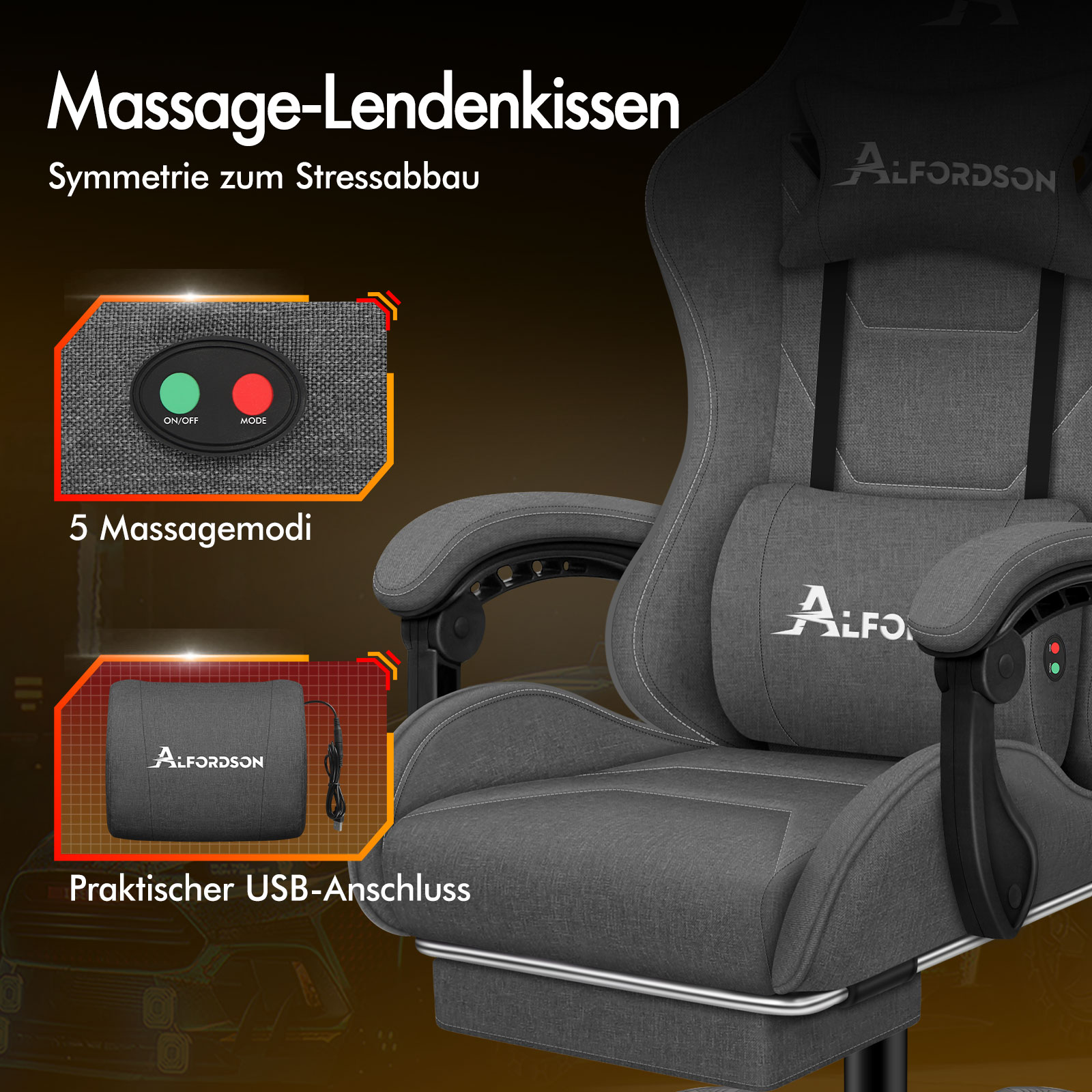 Grauer Massagesessel mit Lendenkissen und Bedienfeld. Details zu Modi.