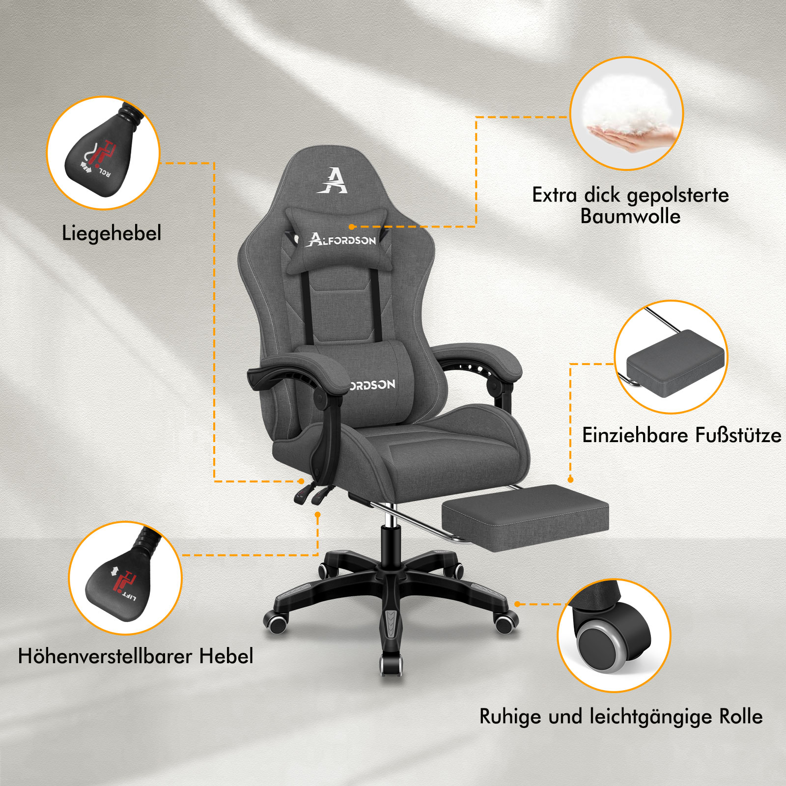 Ein grauer Gaming-Stuhl mit ausziehbarer Fußstütze, Hebeln und Rollen.