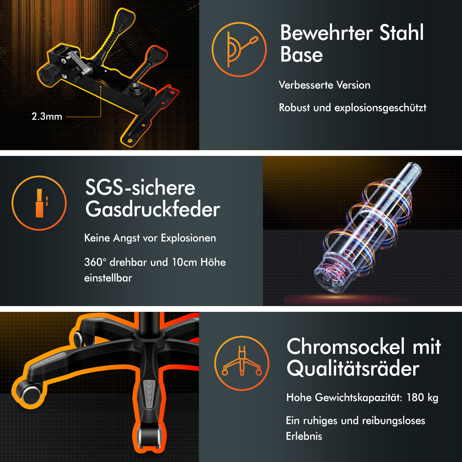 Stahlbase, Gasfeder, Chromsockel mit Rädern. Details zeigen Material und Funktion.