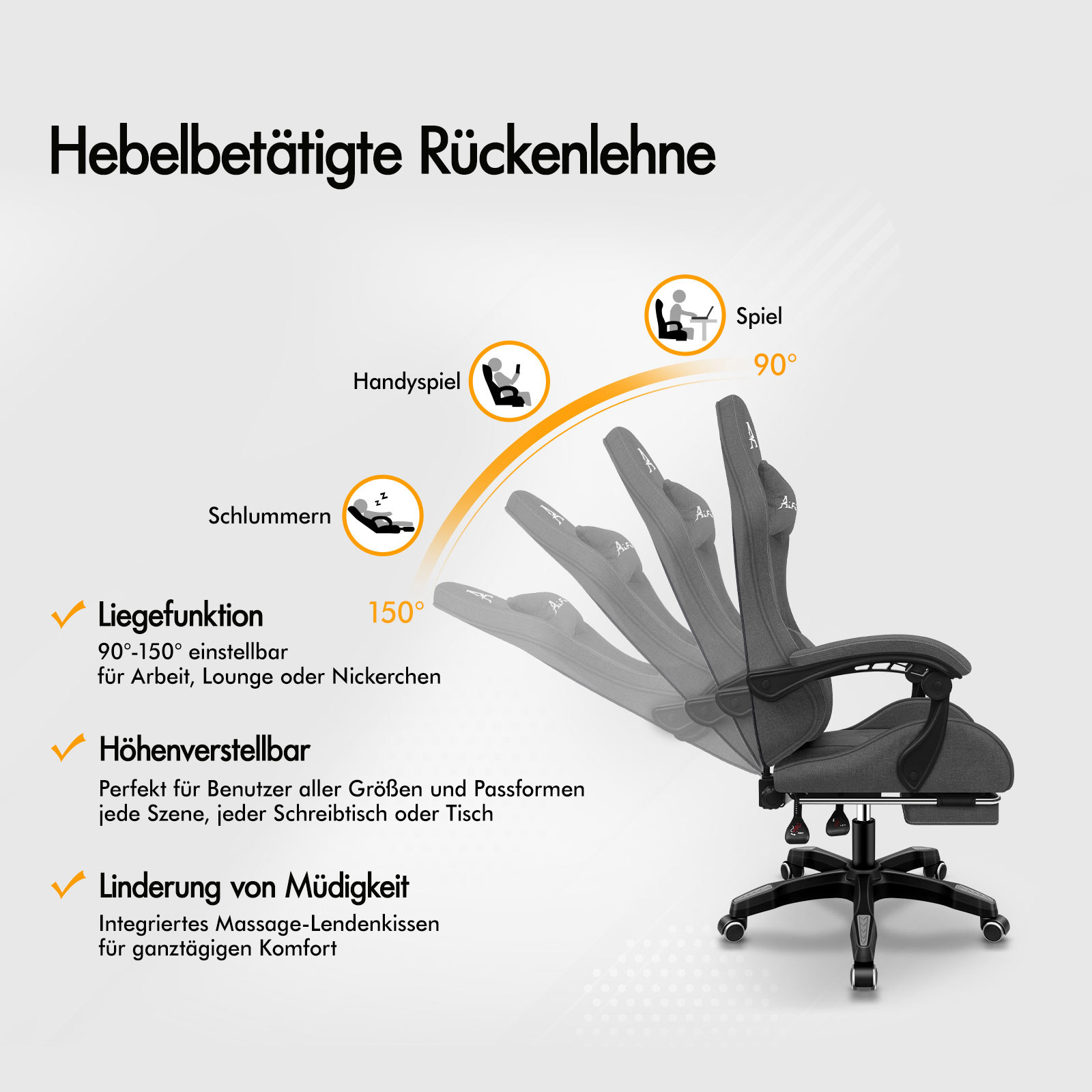 Ein grauer Bürostuhl mit verstellbarer Rückenlehne, die verschiedene Positionen zeigt.