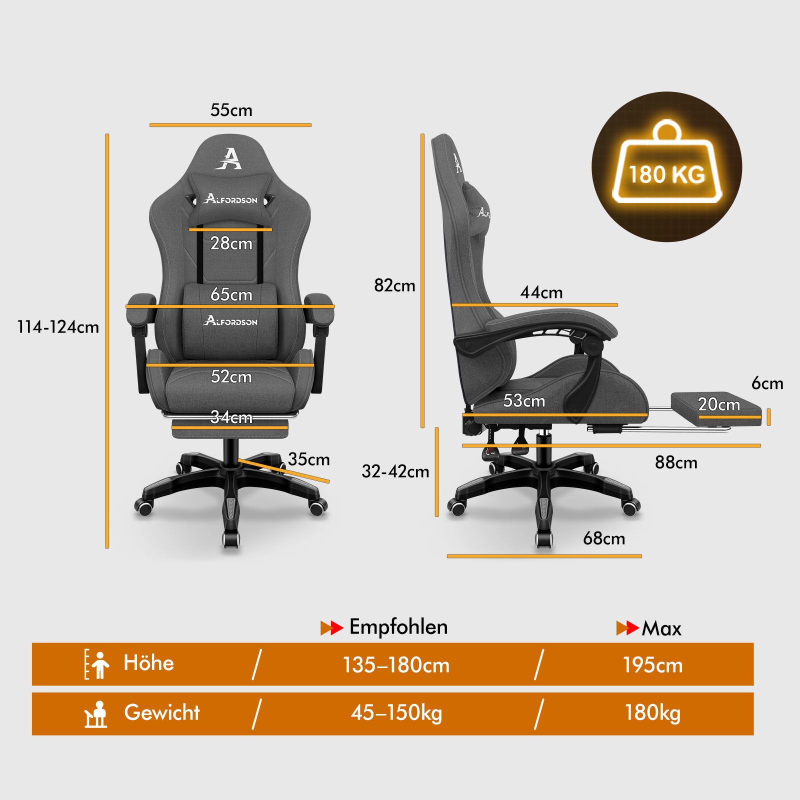 Grauer Gaming-Stuhl mit Maßen und 180 kg Kapazitätsanzeige.