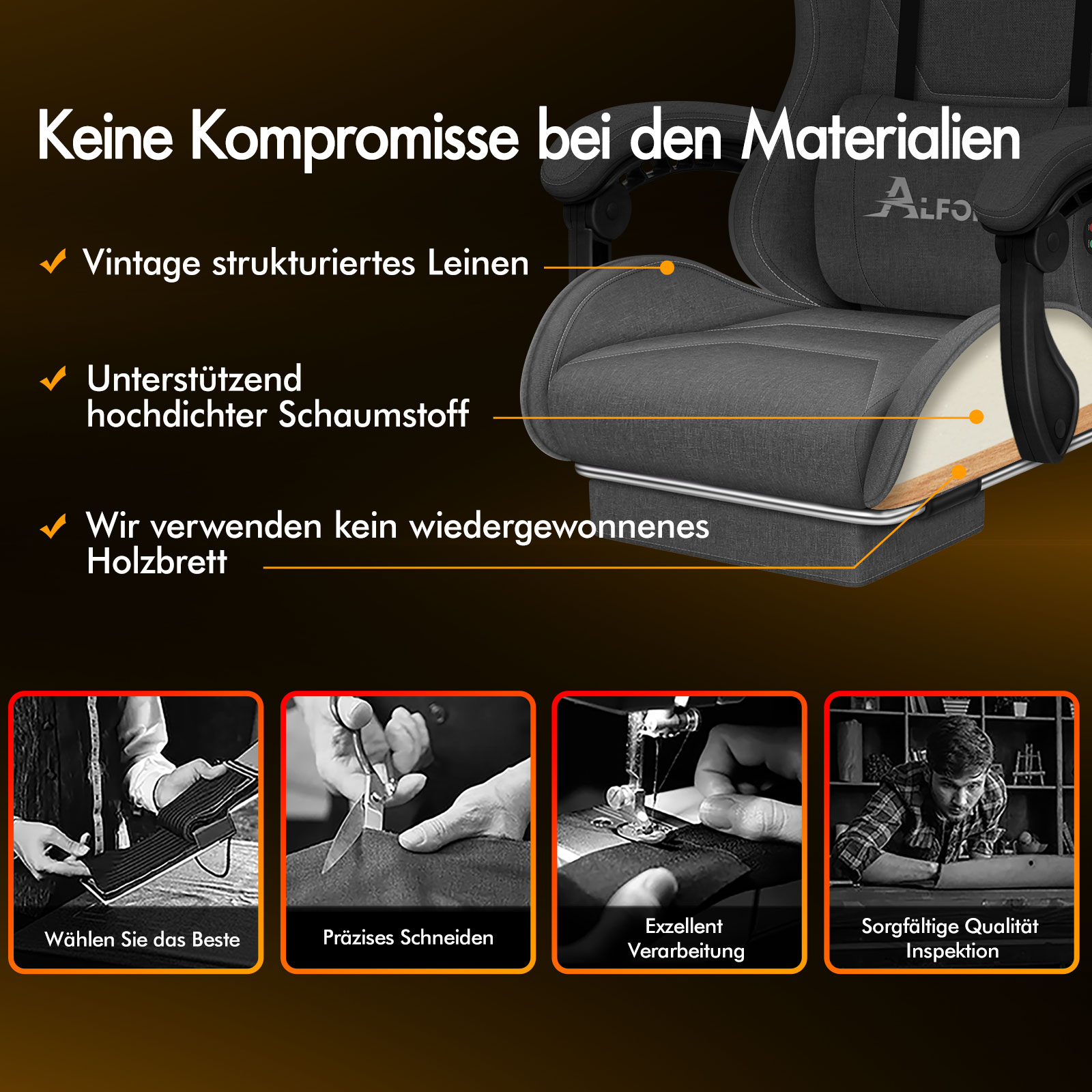 Ein Gaming-Stuhl mit Stoffbezug, Schaumstoffpolsterung und Holzdetails. Unten sind vier Bilder von Herstellungsprozessen.