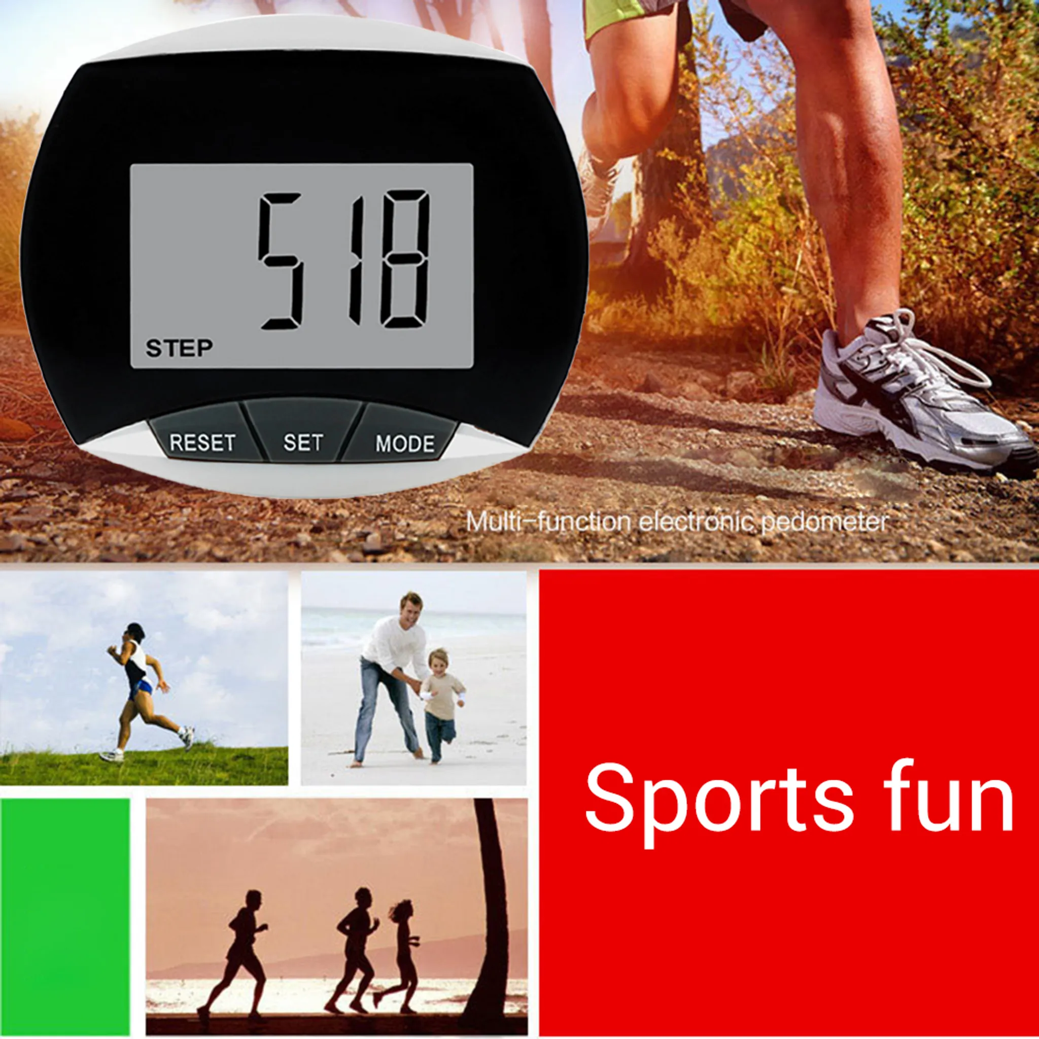 Schrittzähler zeigt 518 Schritte neben Läufern und den Worten Sports fun.