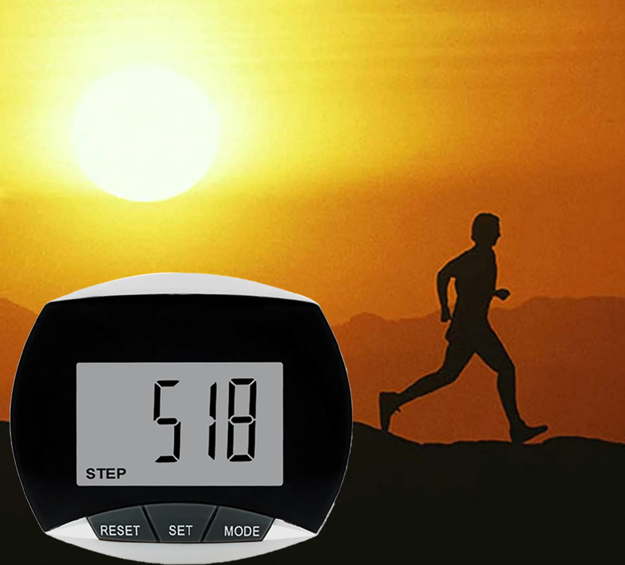 Ein Schrittzähler mit 518 Schritten vor der Silhouette eines Läufers bei Sonnenuntergang.